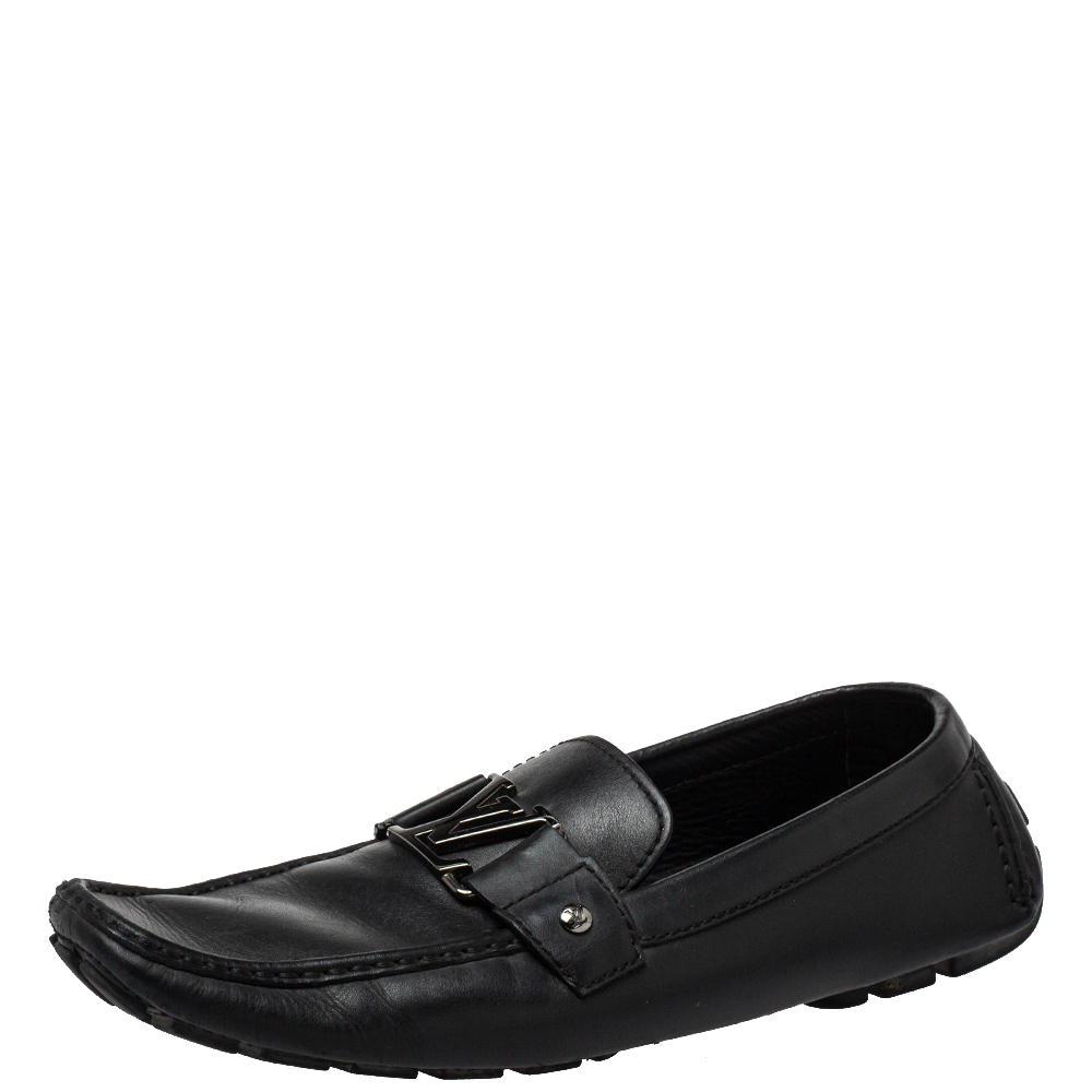 Pre-owned Louis Vuitton Black Leather Monte Carlo Slip On Loafers Size 44