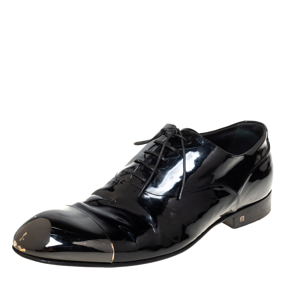 Pre-owned Louis Vuitton Black Patent Leather Metal Cap Toe Lace Up Oxford Size 42.5
