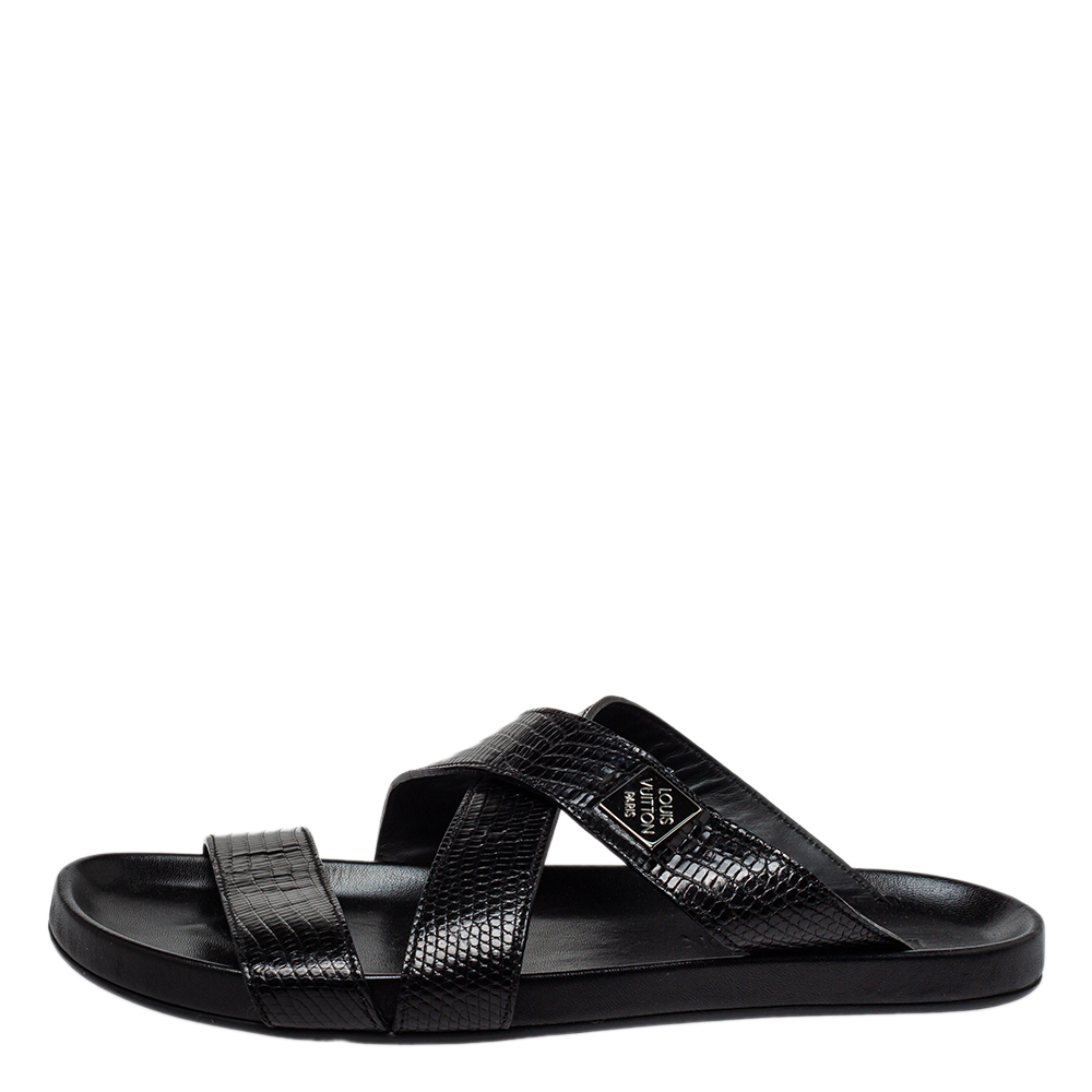 

Louis Vuitton Black Embossed Leather Slip on Flat Sandals Size