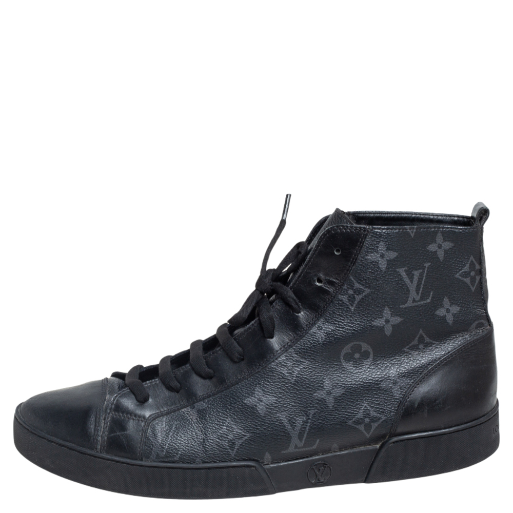 

Louis Vuitton Black Leather and Monogram Eclipse Canvas Match Up High Top Sneakers Size