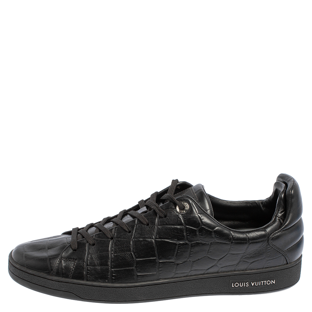 

Louis Vuitton Black Croc Embossed Leather Front Row Low Top Sneakers Size