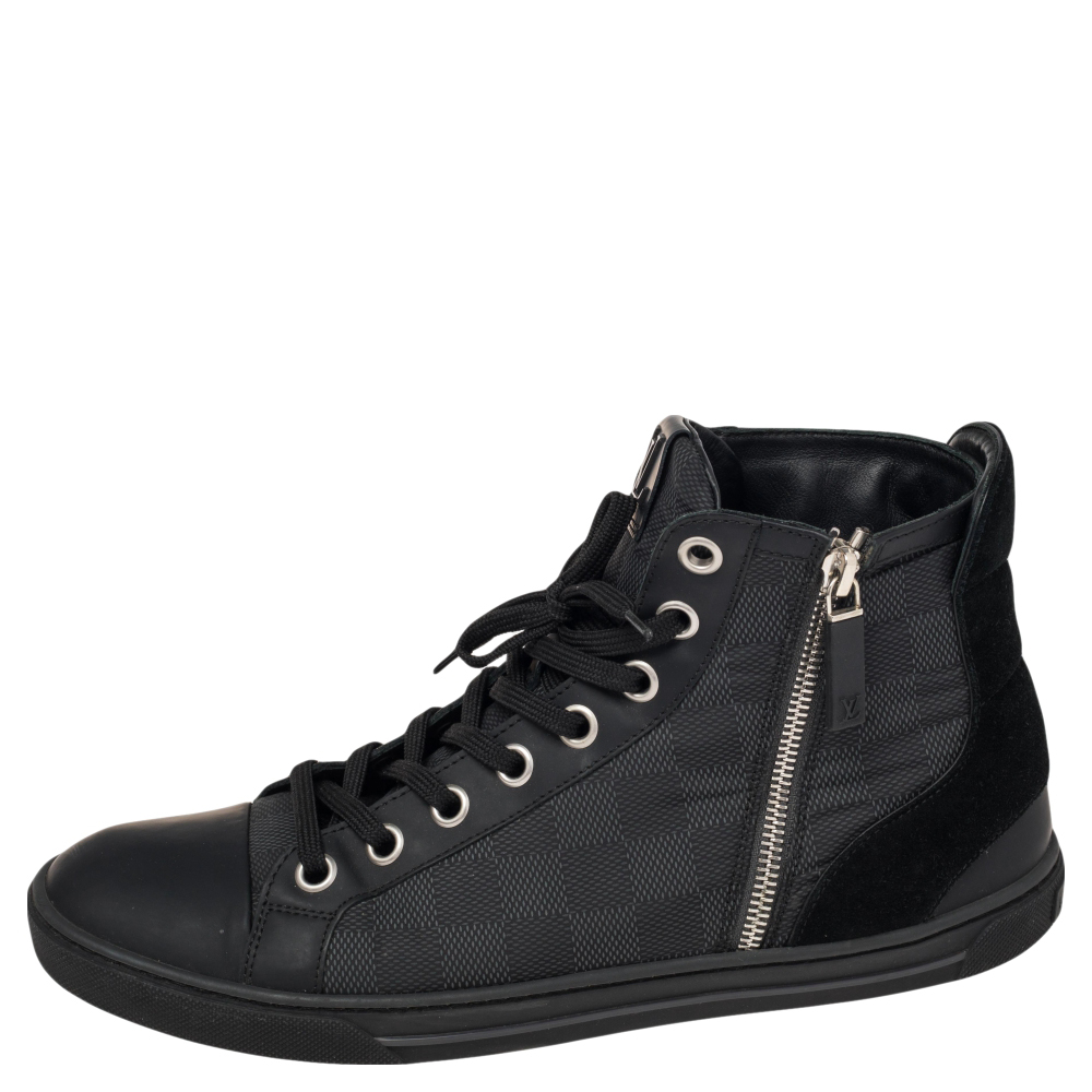 

Louis Vuitton Black Damier Graphite And Suede Trim Zip Up High Top Sneakers