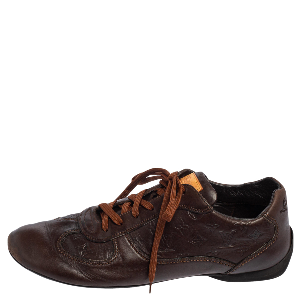 

Louis Vuitton Brown Monogram Embossed Leather Lace Up Sneakers Size