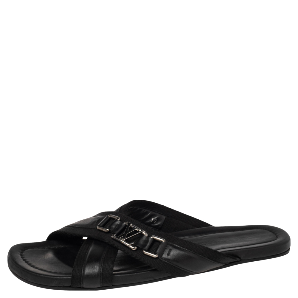 

Louis Vuitton Black Canvas and Leather Cross Strap Logo Slides Size