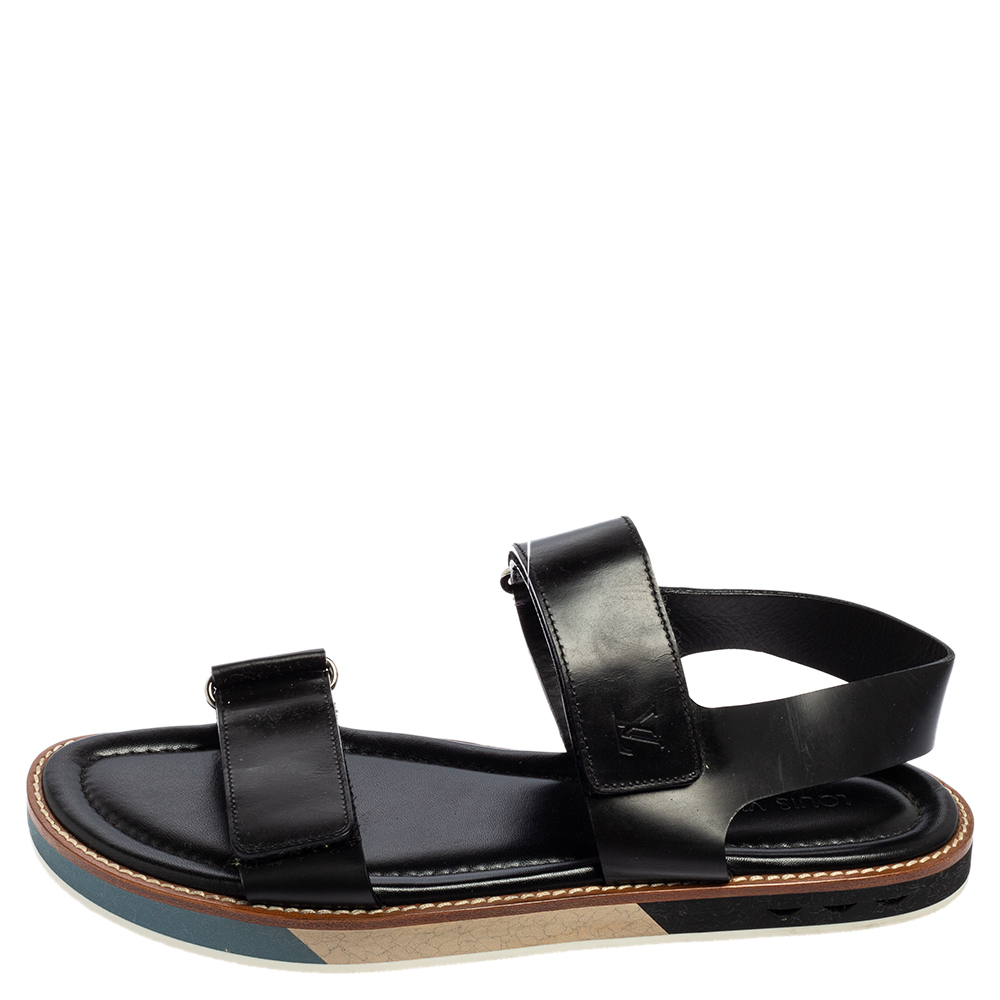 

Louis Vuitton Black Leather Velcro Strap Flat Sandals Size