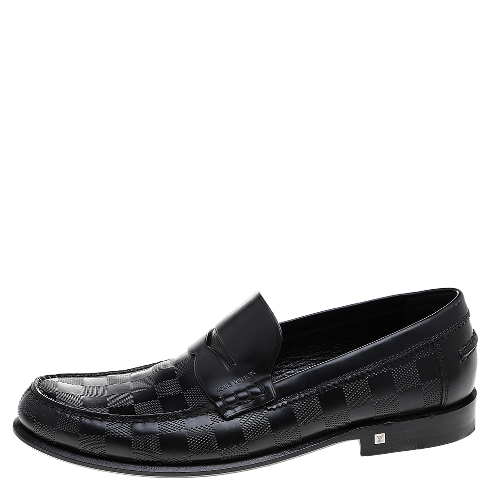 

Louis Vuitton Black Damier Embossed Leather Outline Penny Slip On Loafers Size