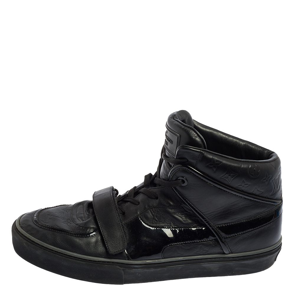 

Louis Vuitton Black Monogram Leather And Patent Leather Tower High Top Sneakers Size