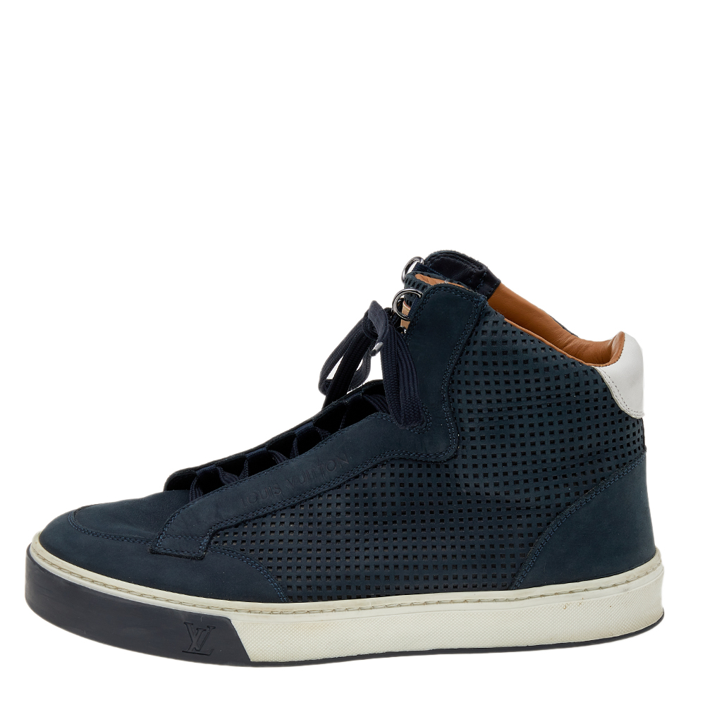 

Louis Vuitton Navy Blue Perforated Nubuck Leather Speaker High Top Sneakers Size