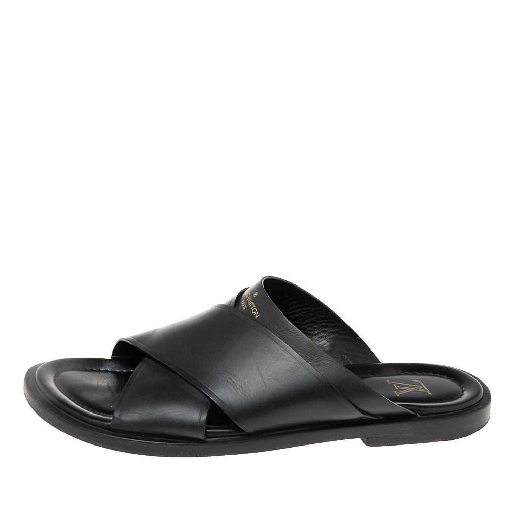 

Louis Vuitton Black Leather Foch Cross Strap Flat Slides Size