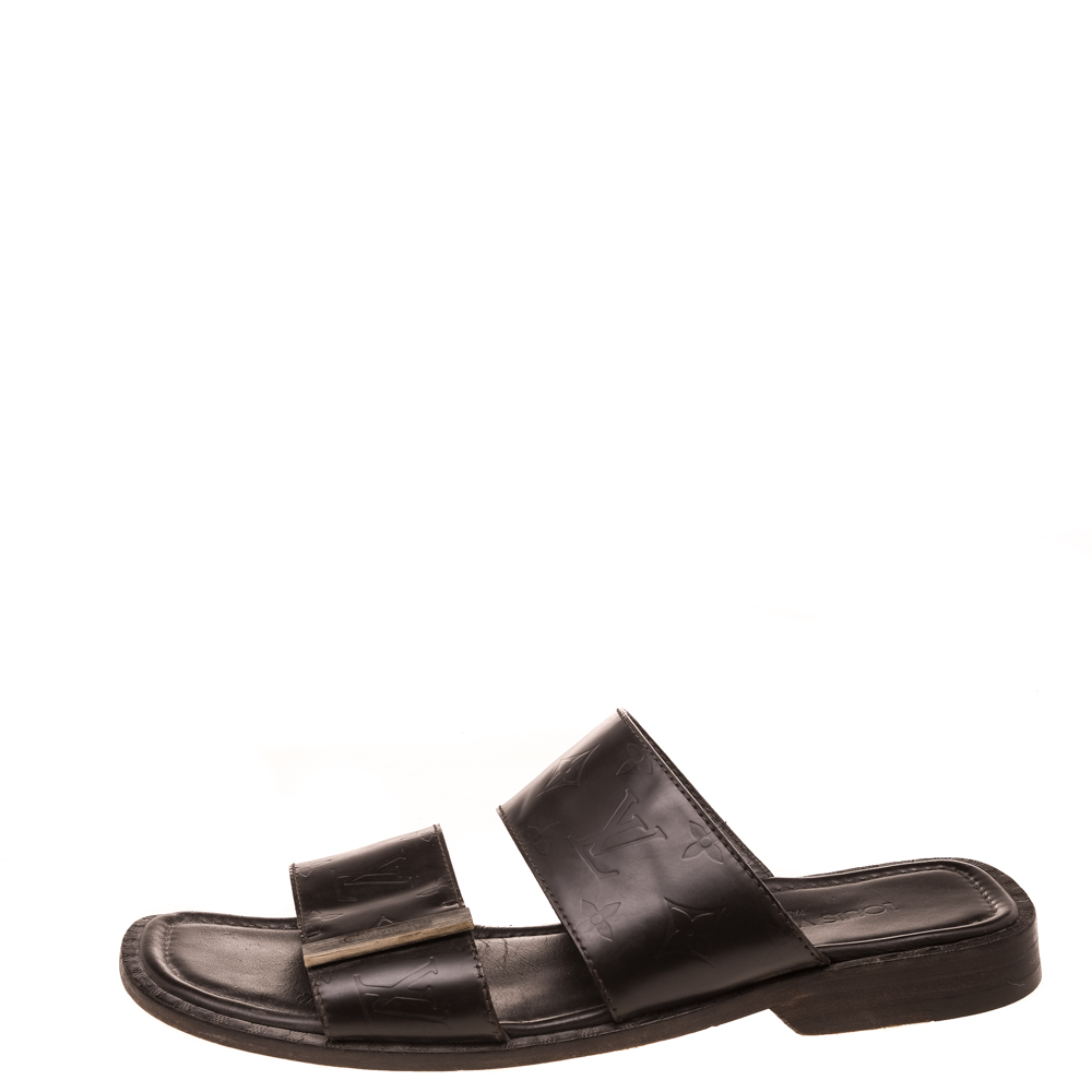 

Louis Vuitton Dark Brown Monogram Embossed Leather Flat Slide Sandal Size