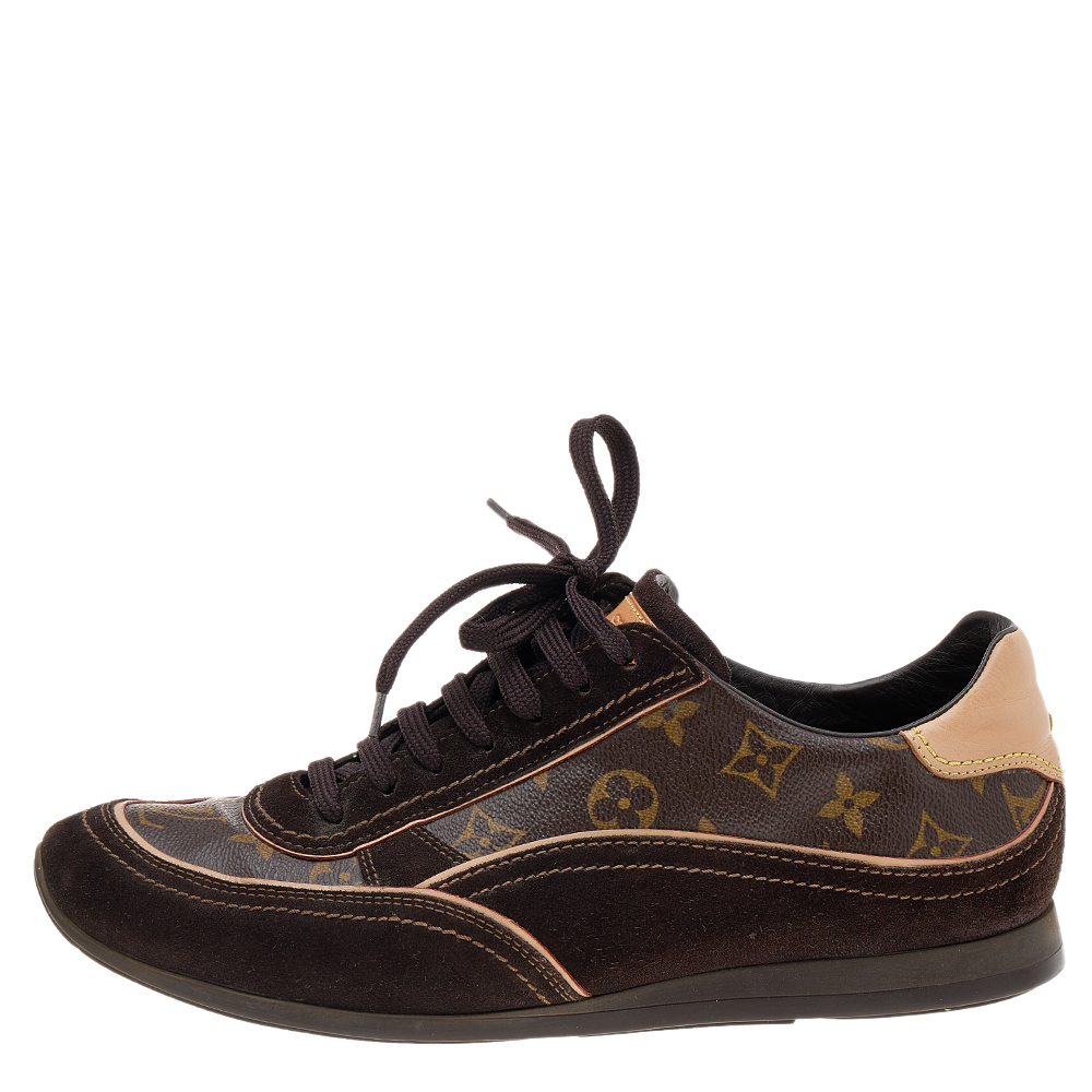 

Louis Vuitton Brown Monogram Canvas And Suede Low Top Sneakers Size