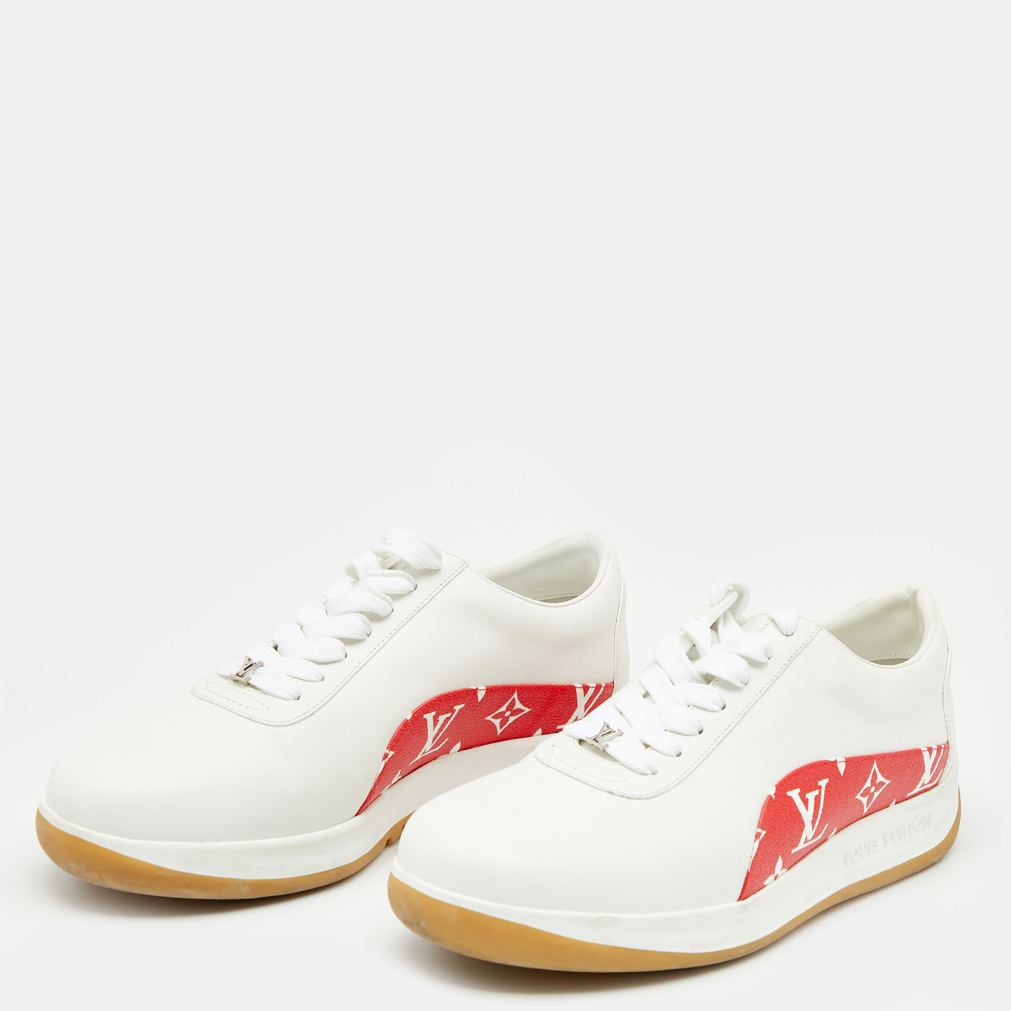 

Louis Vuitton x Supreme White/Red Leather and Monogram Canvas Trim Sport Sneakers Size