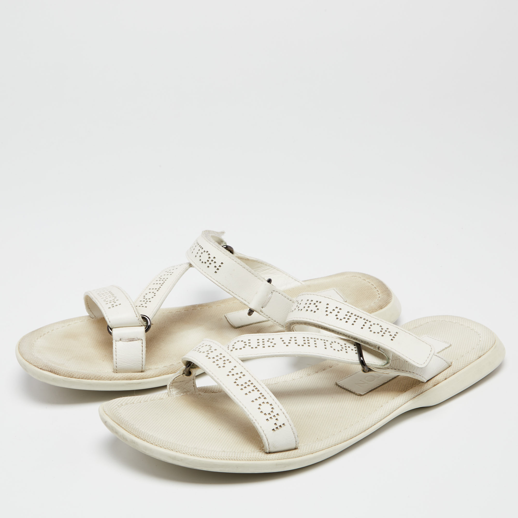 

Louis Vuitton White Leather Velcro Strap Sandals Size