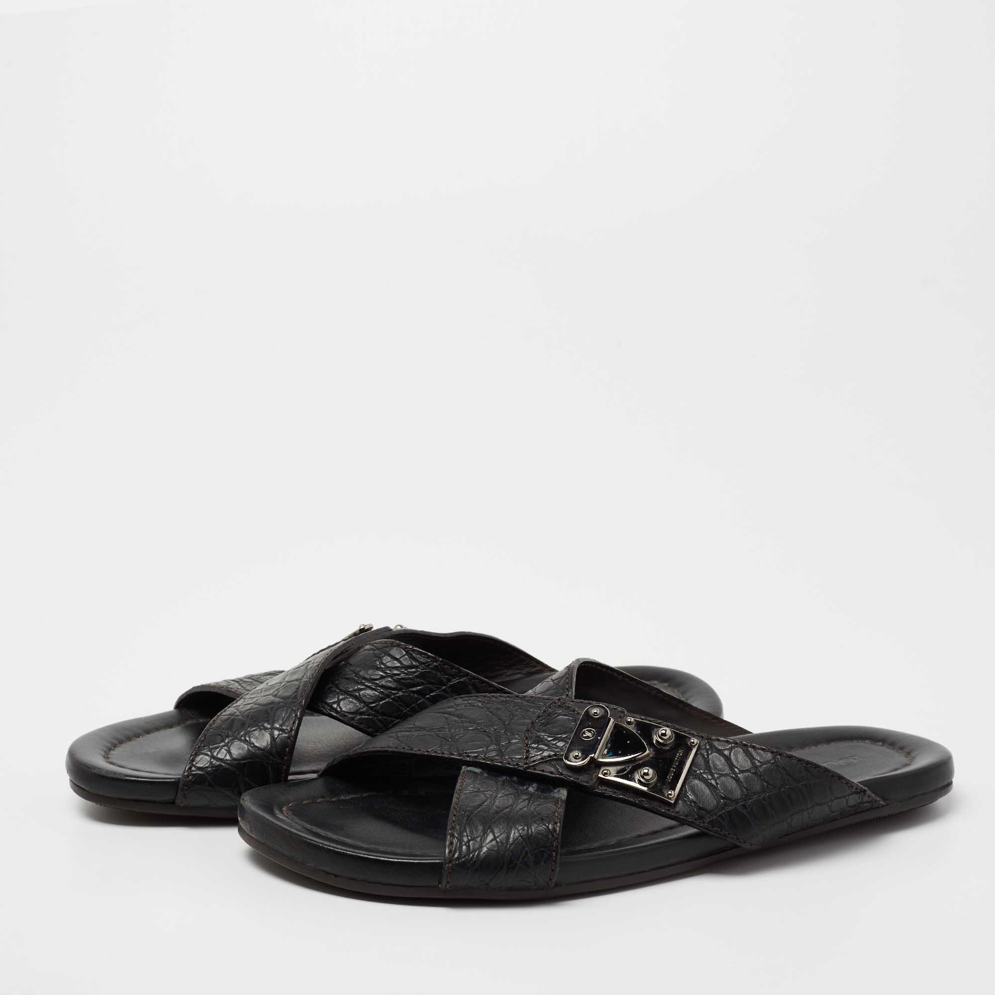 

Louis Vuitton Black Crocodile Leather Cross Strap Flat Slide Sandals Size