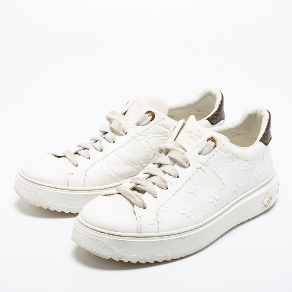 

Louis Vuitton White/Brown Leather And Monogram Canvas Time Out Sneakers Size