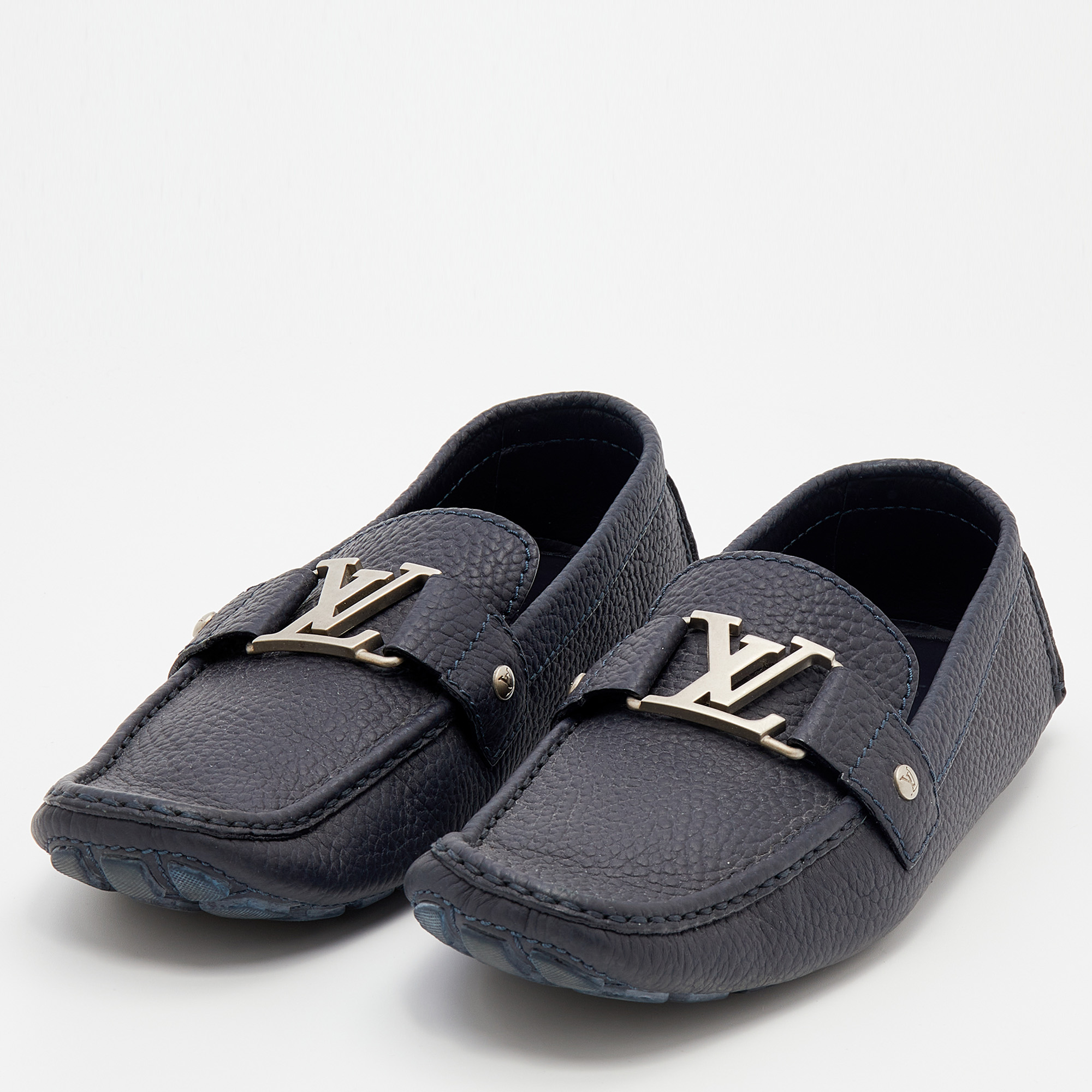 

Louis Vuitton Navy Blue Leather Montaigne Slip On Loafers Size