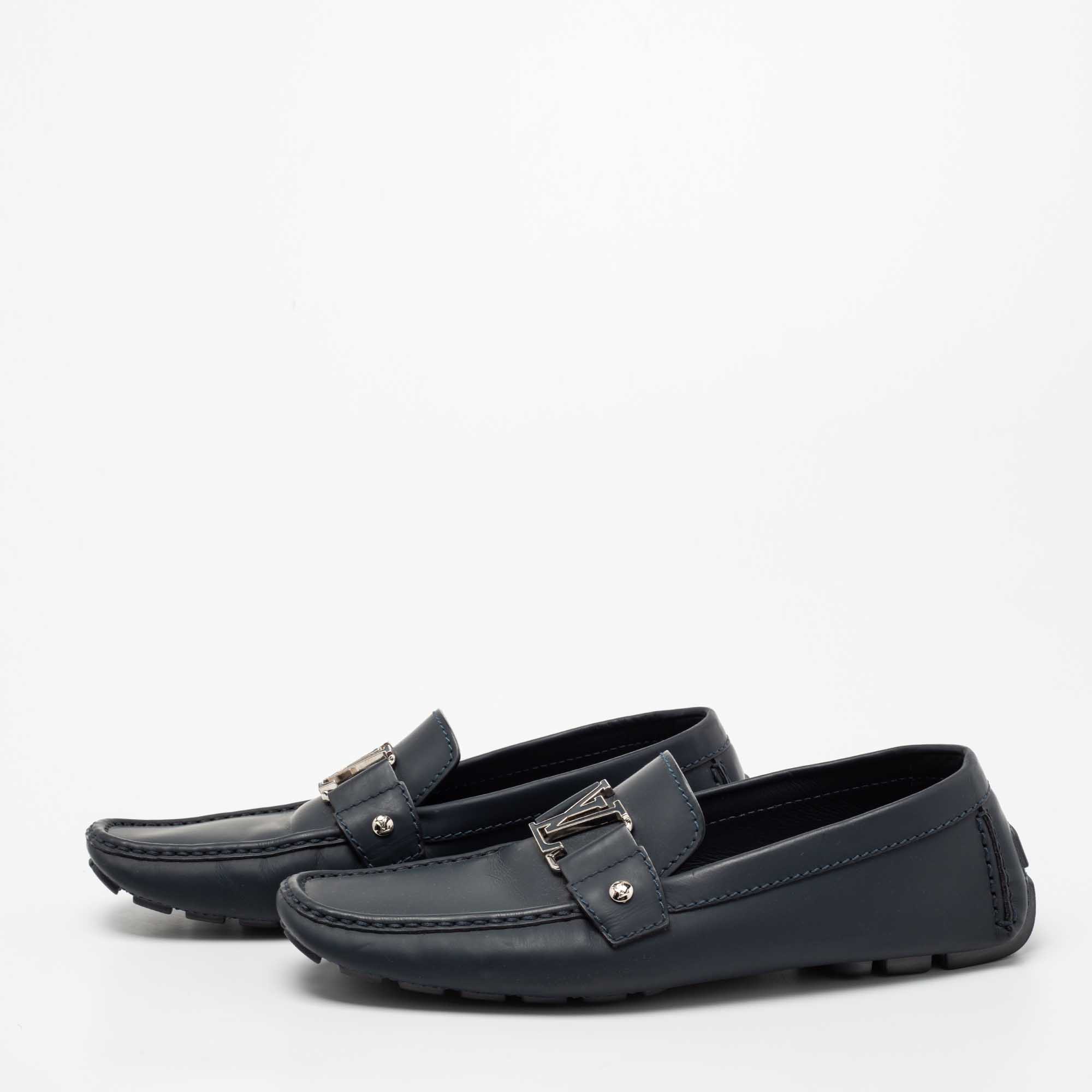 

Louis Vuitton Navy Blue Leather Monte Carlo Slip On Loafers Size