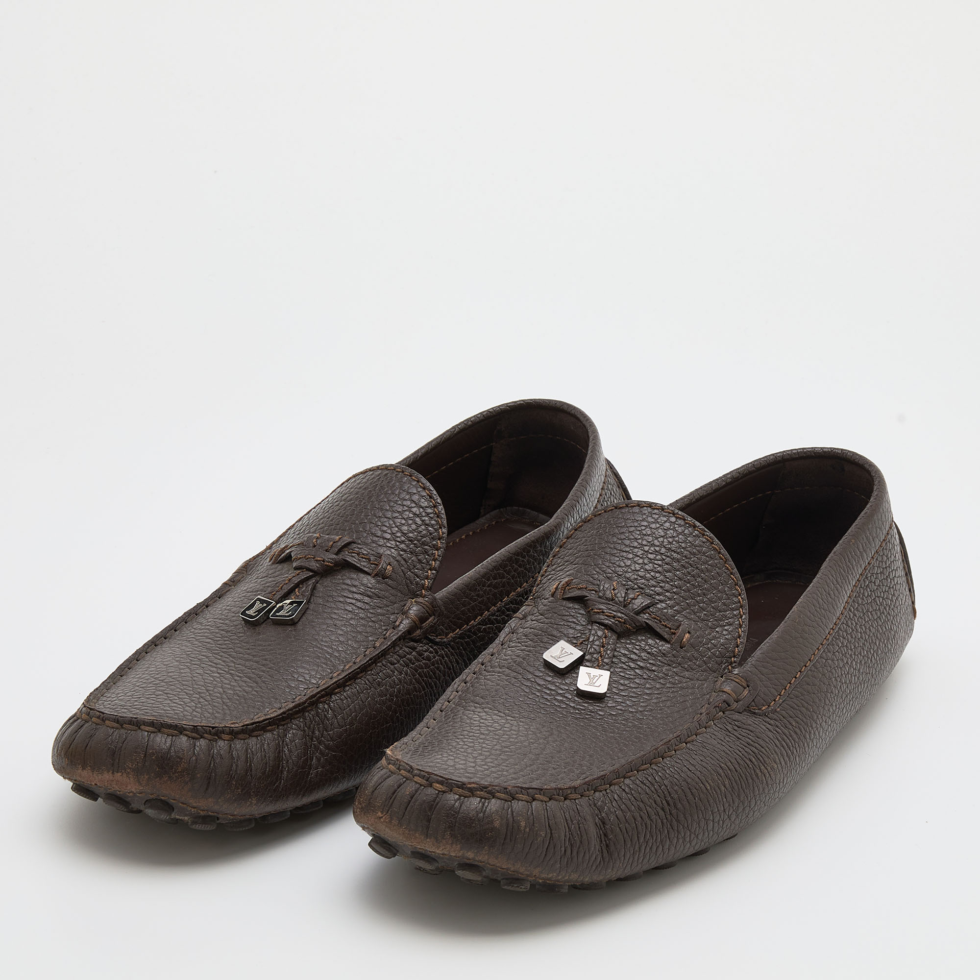 

Louis Vuitton Dark Brown Leather Logo Bow Slip On Loafers Size