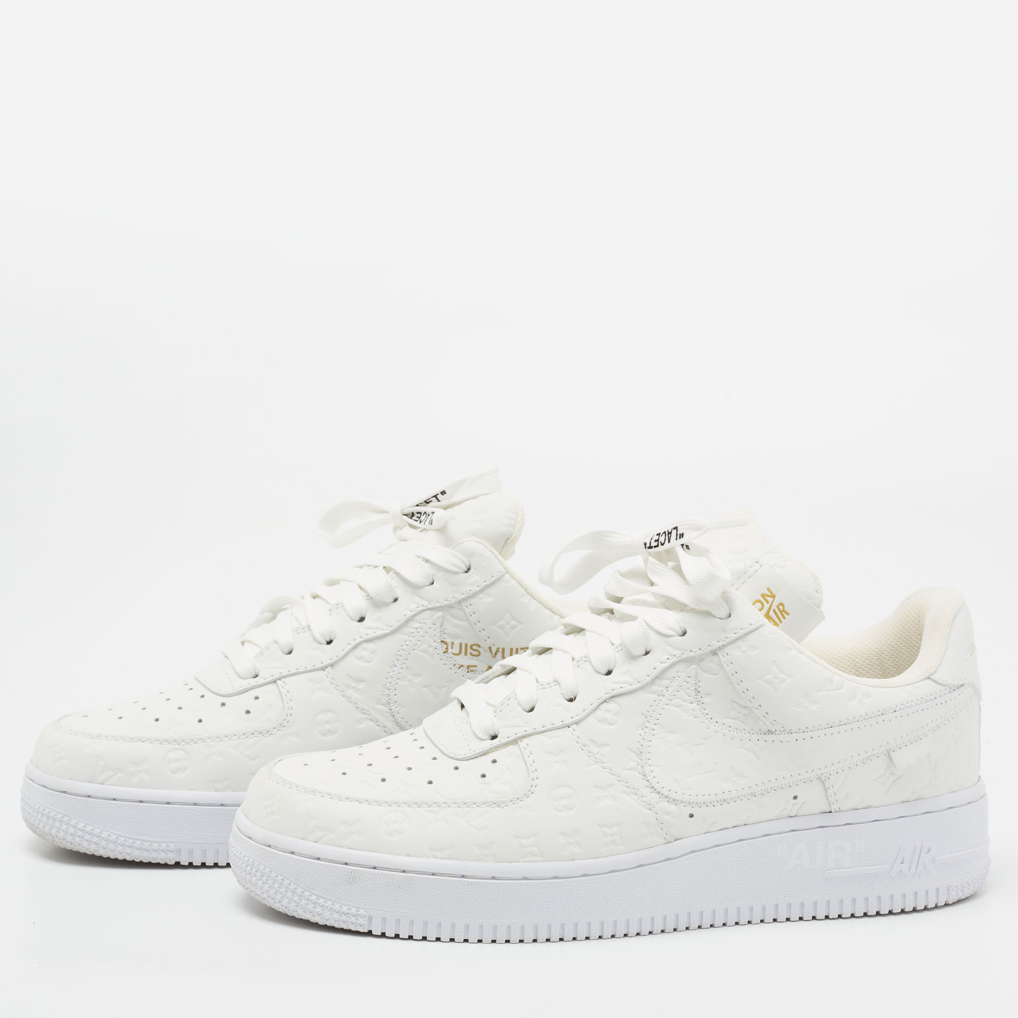 

Louis Vuitton X Nike By Virgil Abloh White Monogram Embossed Leather Nike Air Force 1 Low Top Sneakers Size