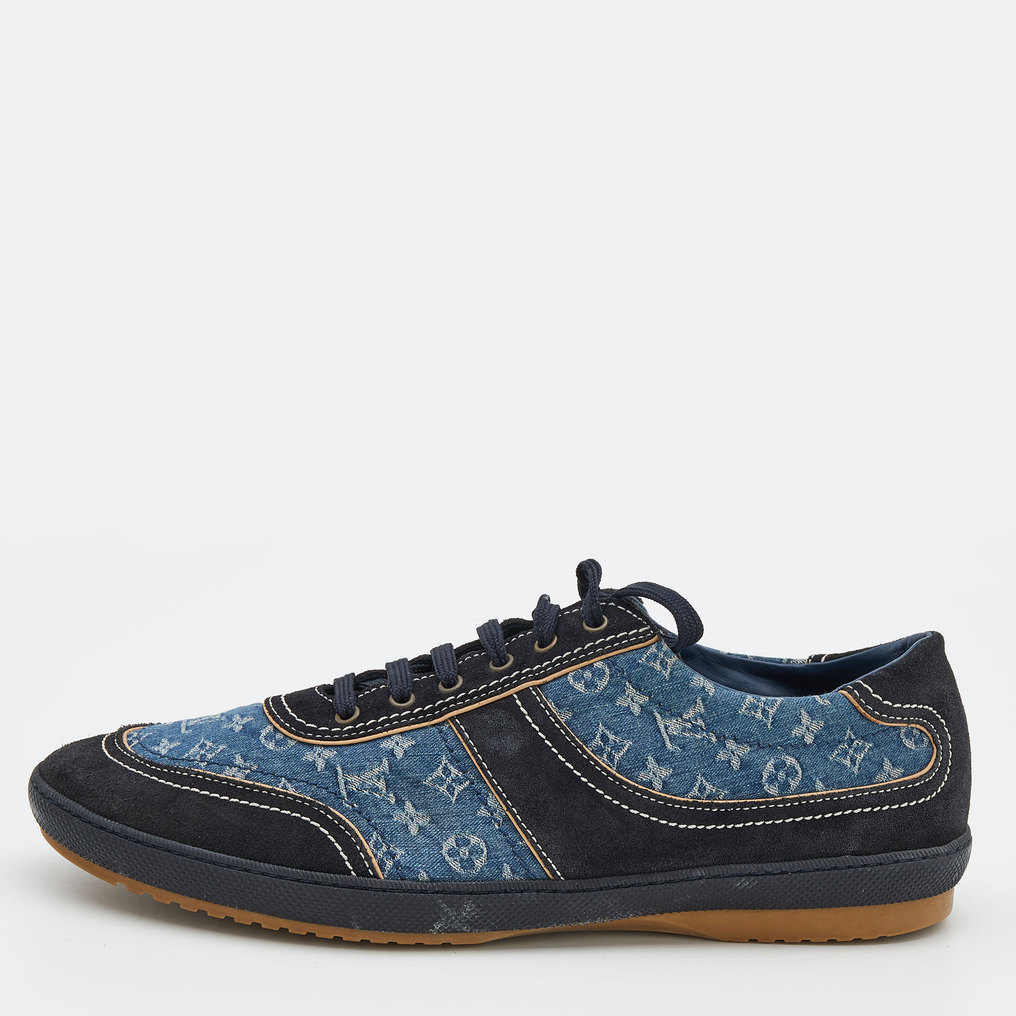 Pre-owned Louis Vuitton Blue/black Monogram Denim And Suede Low Top Sneakers  Size 44.5