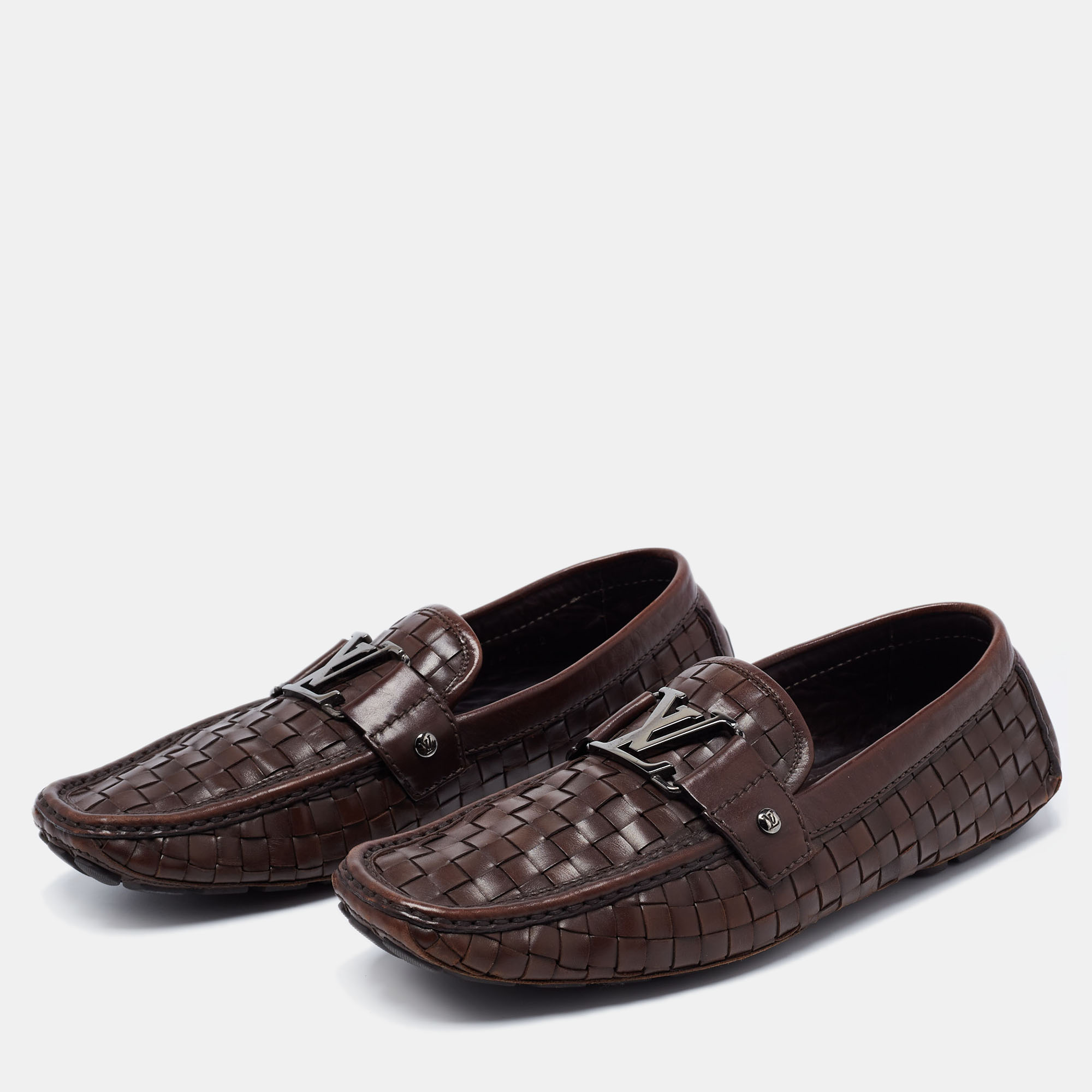 

Louis Vuitton Dark Brown Woven Leather Monte Carlo Slip On Loafers Size