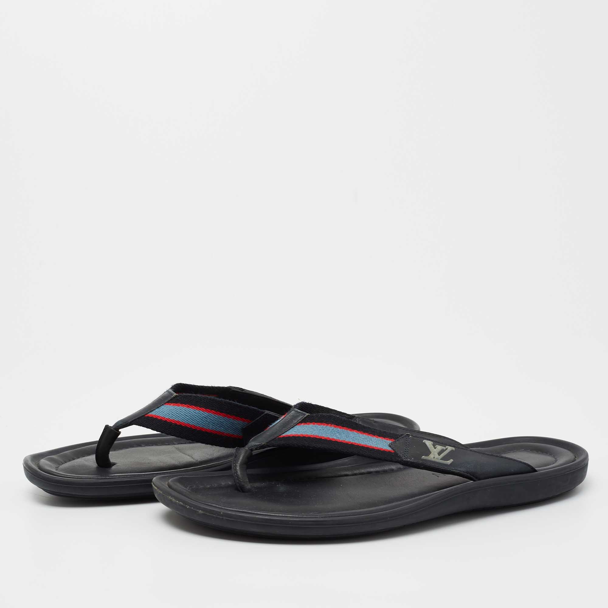 

Louis Vuitton Tricolor Leather And Canvas Thong Flats Size, Black