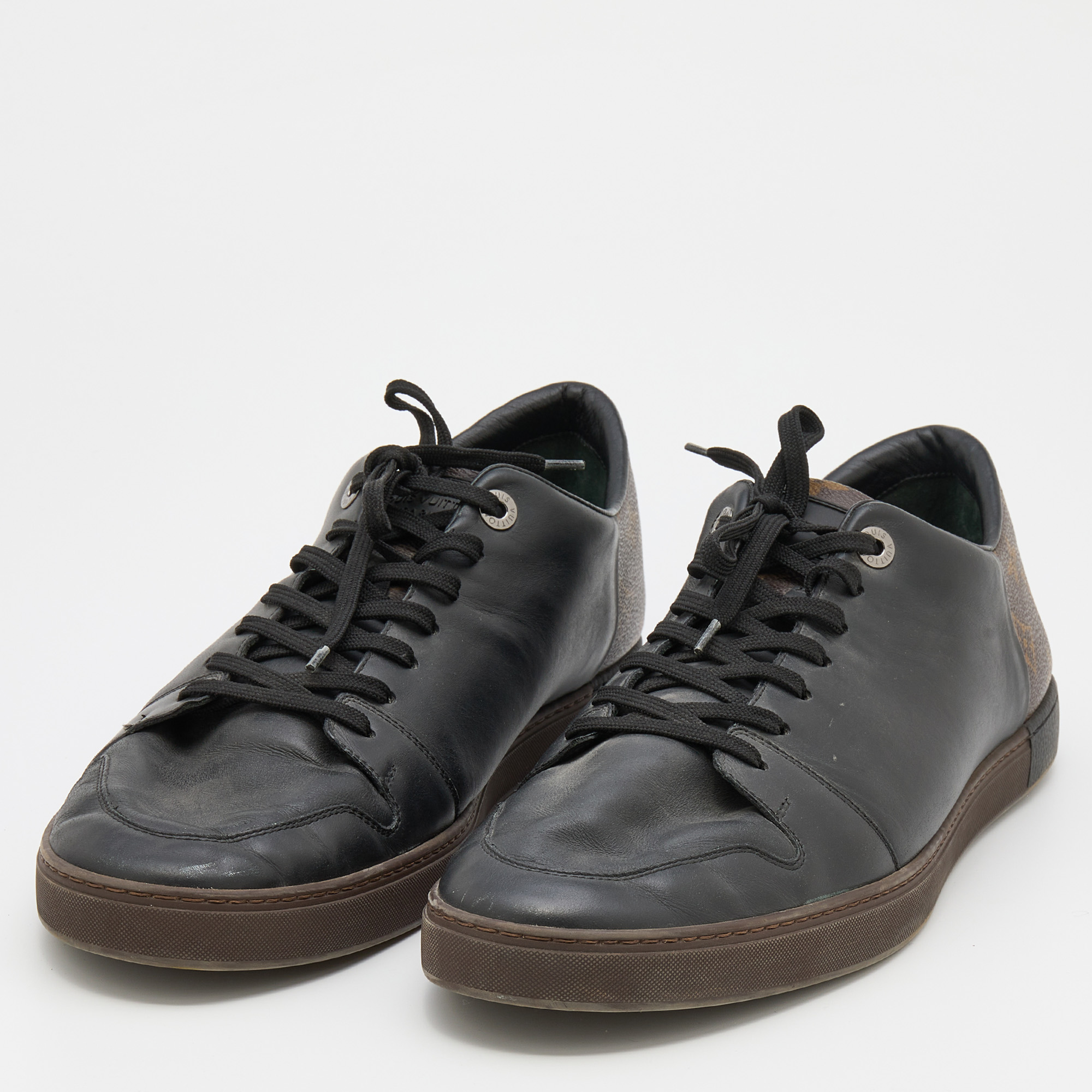

Louis Vuitton Black Leather And Monogram Canvas Line Up Low Top Sneakers Size
