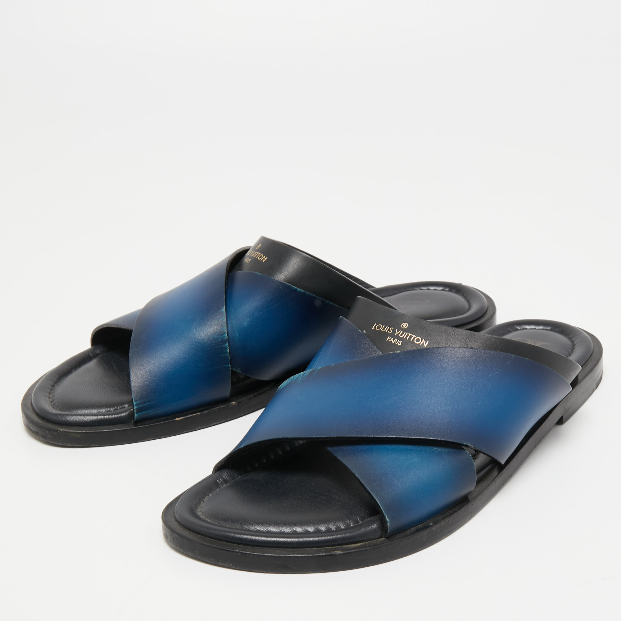 

Louis Vuitton Two Tone Leather Foch Cross Strap Slides Size, Navy blue