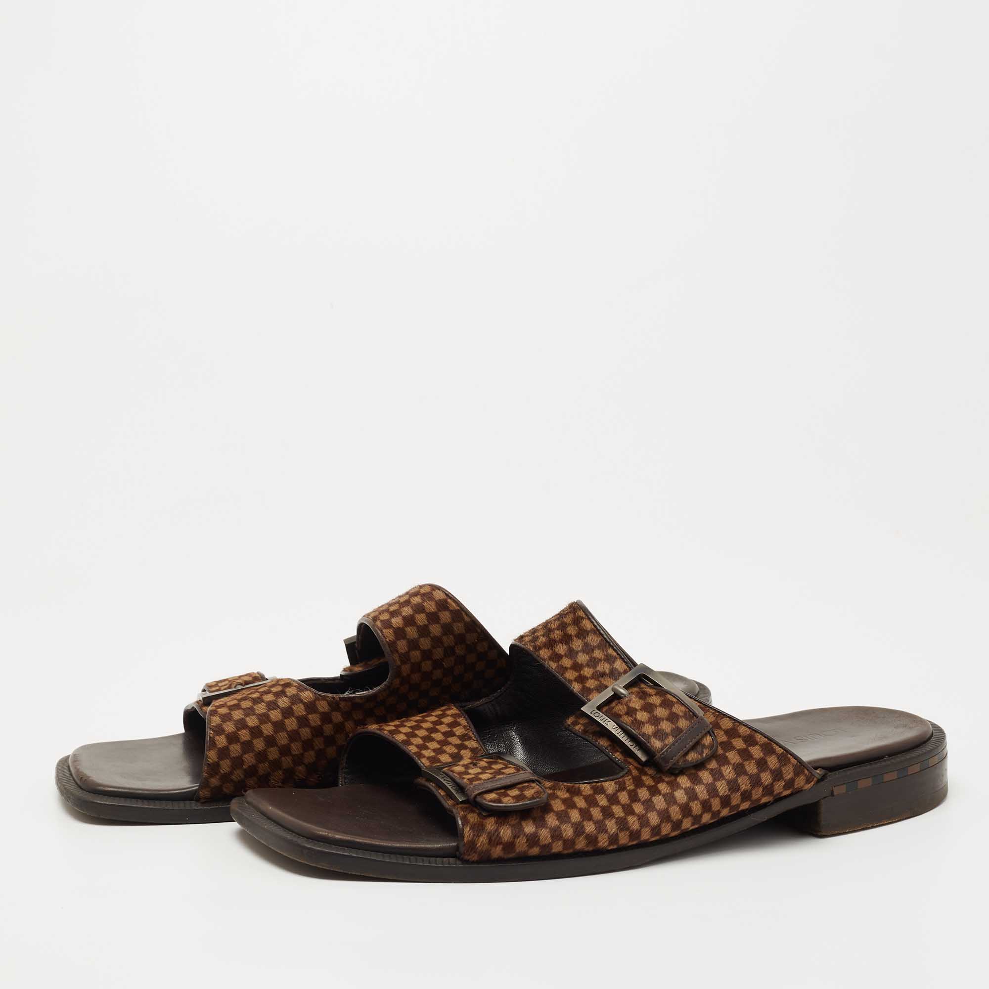 

Louis Vuitton Brown Leather and Calf Hair Double Buckle Sandals Size