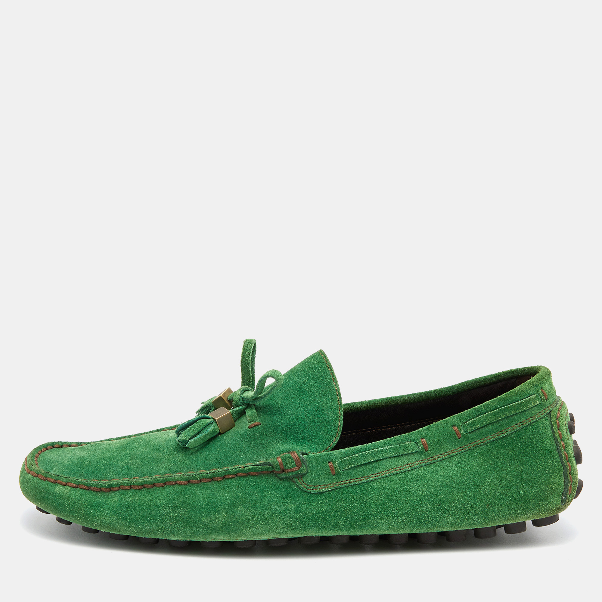 Pre-owned Louis Vuitton Green Suede Imola Tassel Slip On Loafers Size 41.5