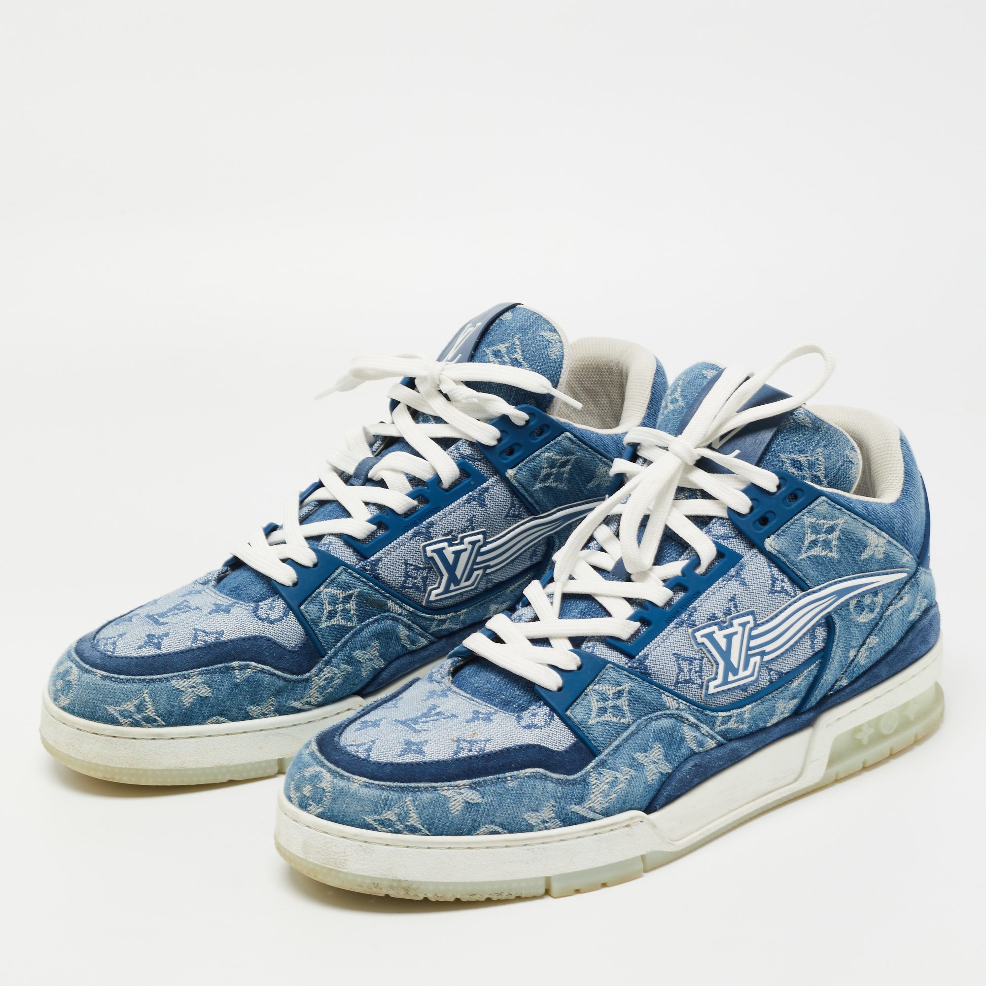 

Louis Vuitton Blue Suede and Monogram Denim LV Trainer Sneakers Size