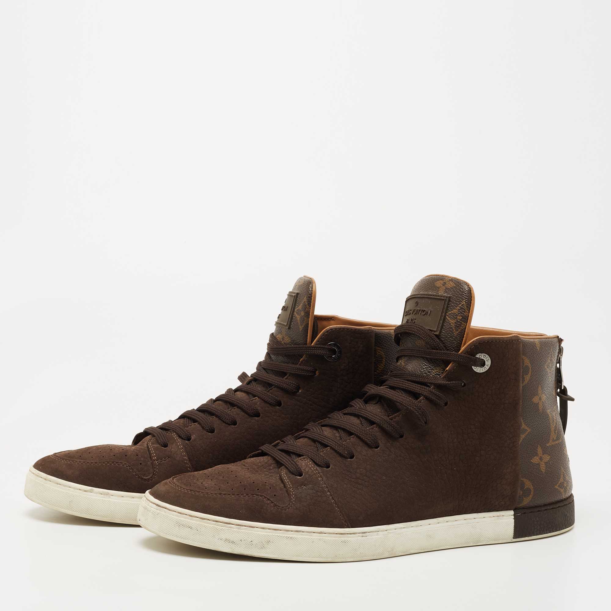 

Louis Vuitton Brown Leather And Monogram Canvas High Top Sneakers Size