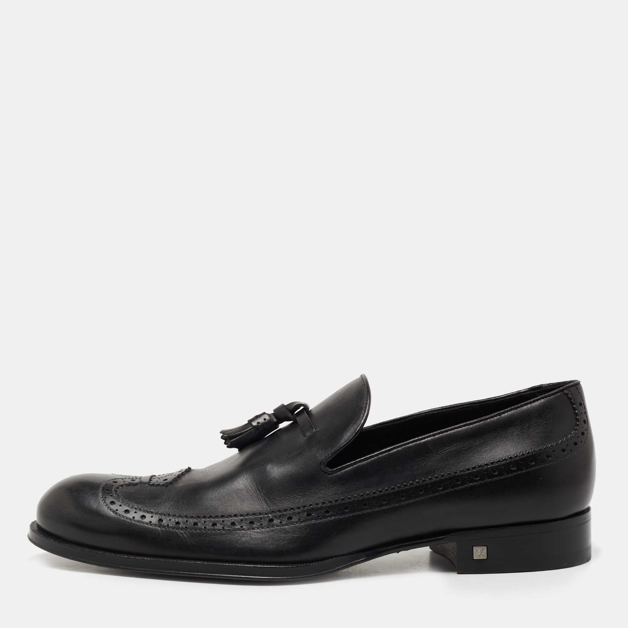 Louis Vuitton Black Brogue Leather Tassel Slip On Loafers Size 40