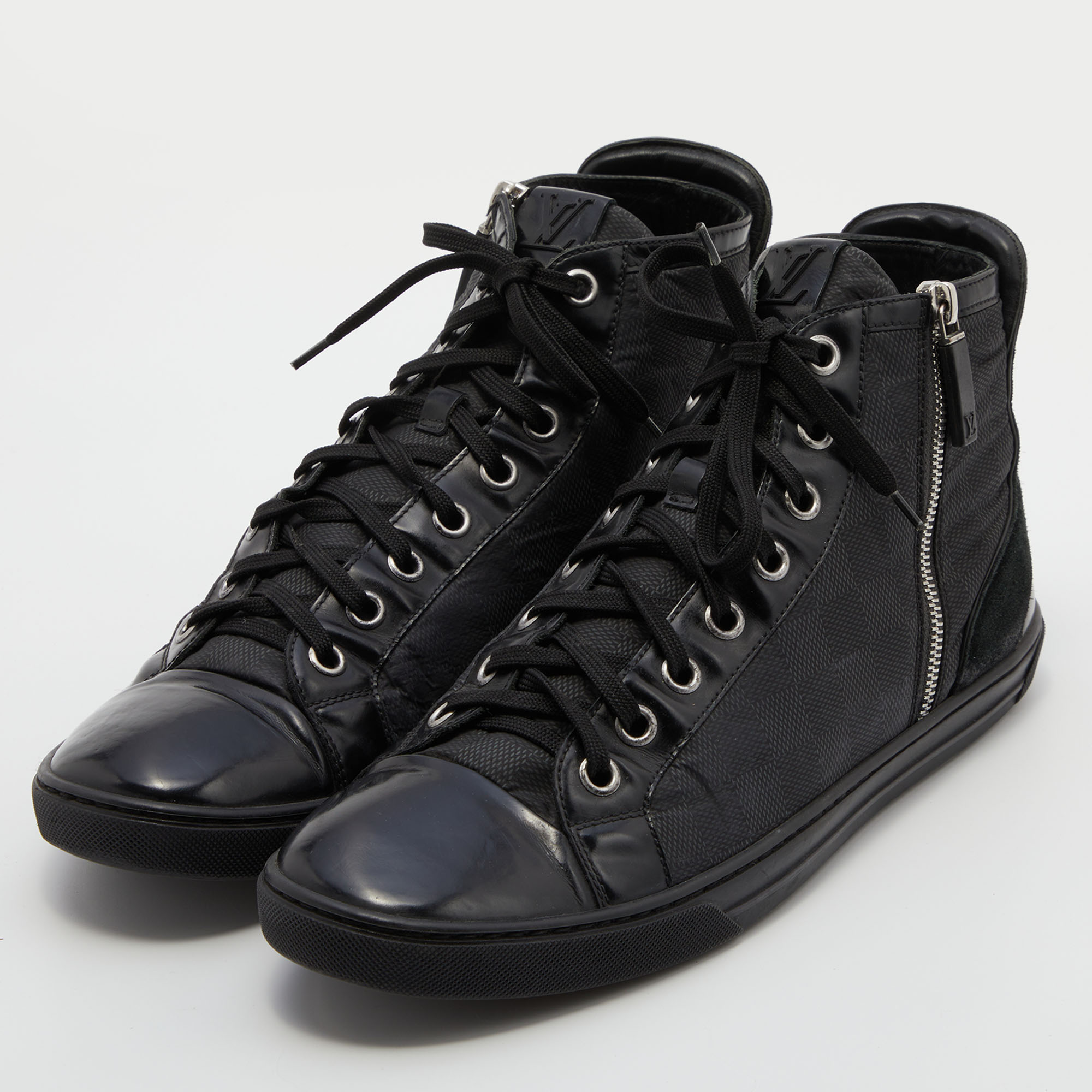 

Louis Vuitton Black/Grey Damier Graphite Fabric and Leather Lace Up High Top Sneakers Size