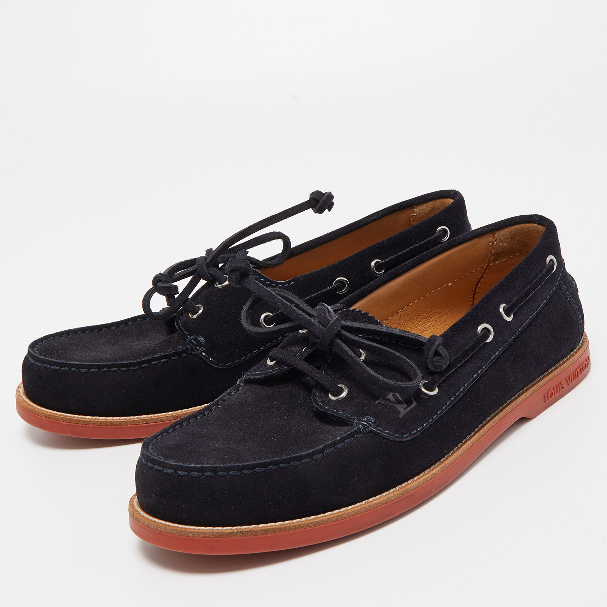 

Louis Vuitton Navy Blue Suede Lace Up Boat Loafers Size