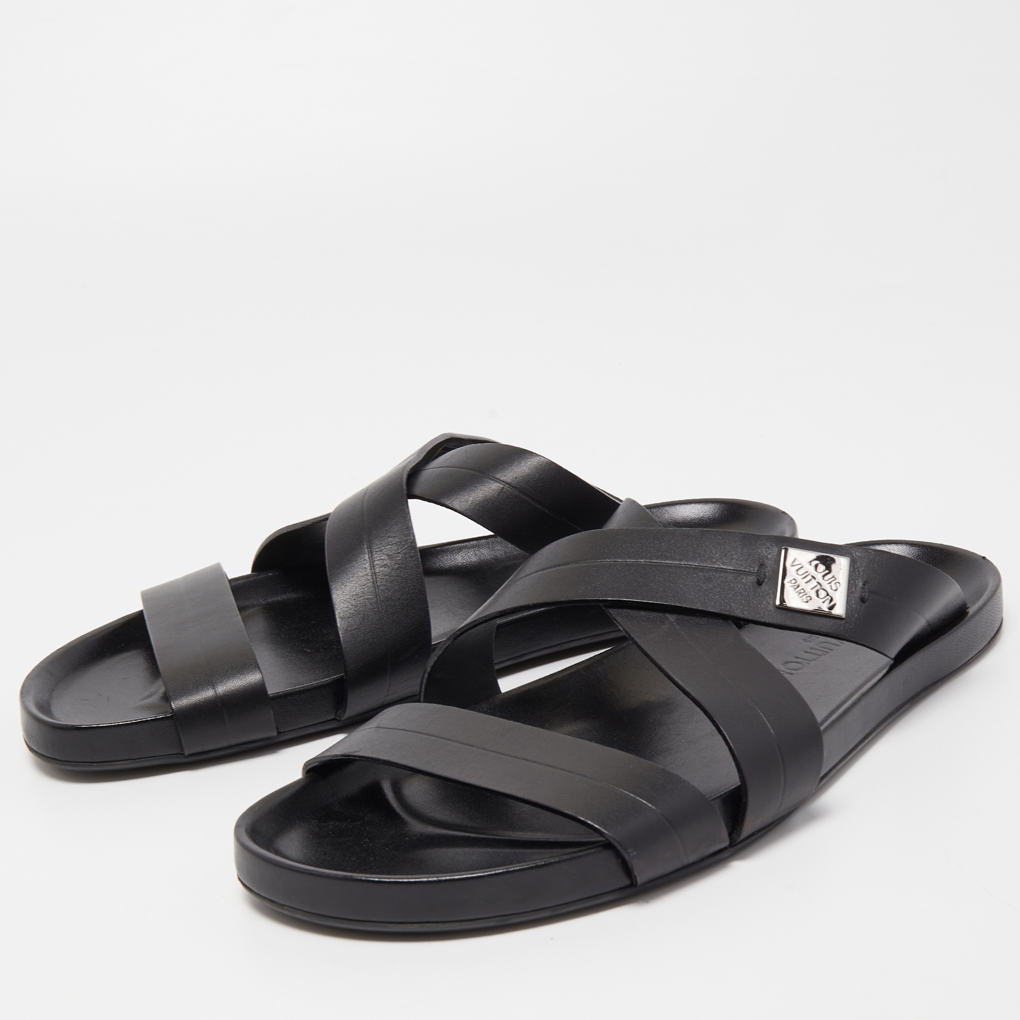 

Louis Vuitton Black Leather Criss Cross Strap Flat Slide Sandals Size