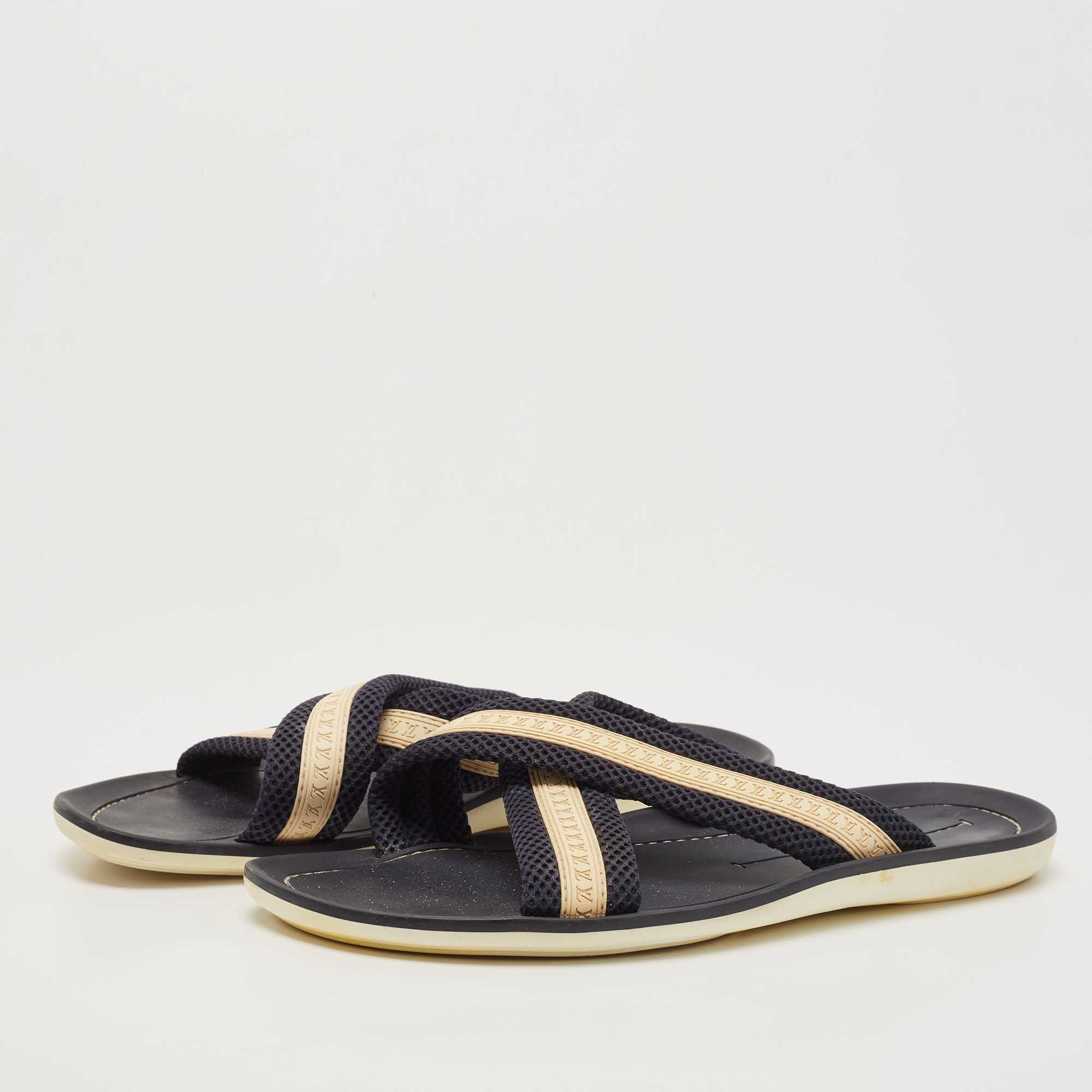 

Louis Vuitton Navy Blue Leather and Canvas Crisscross Slide Flats Size