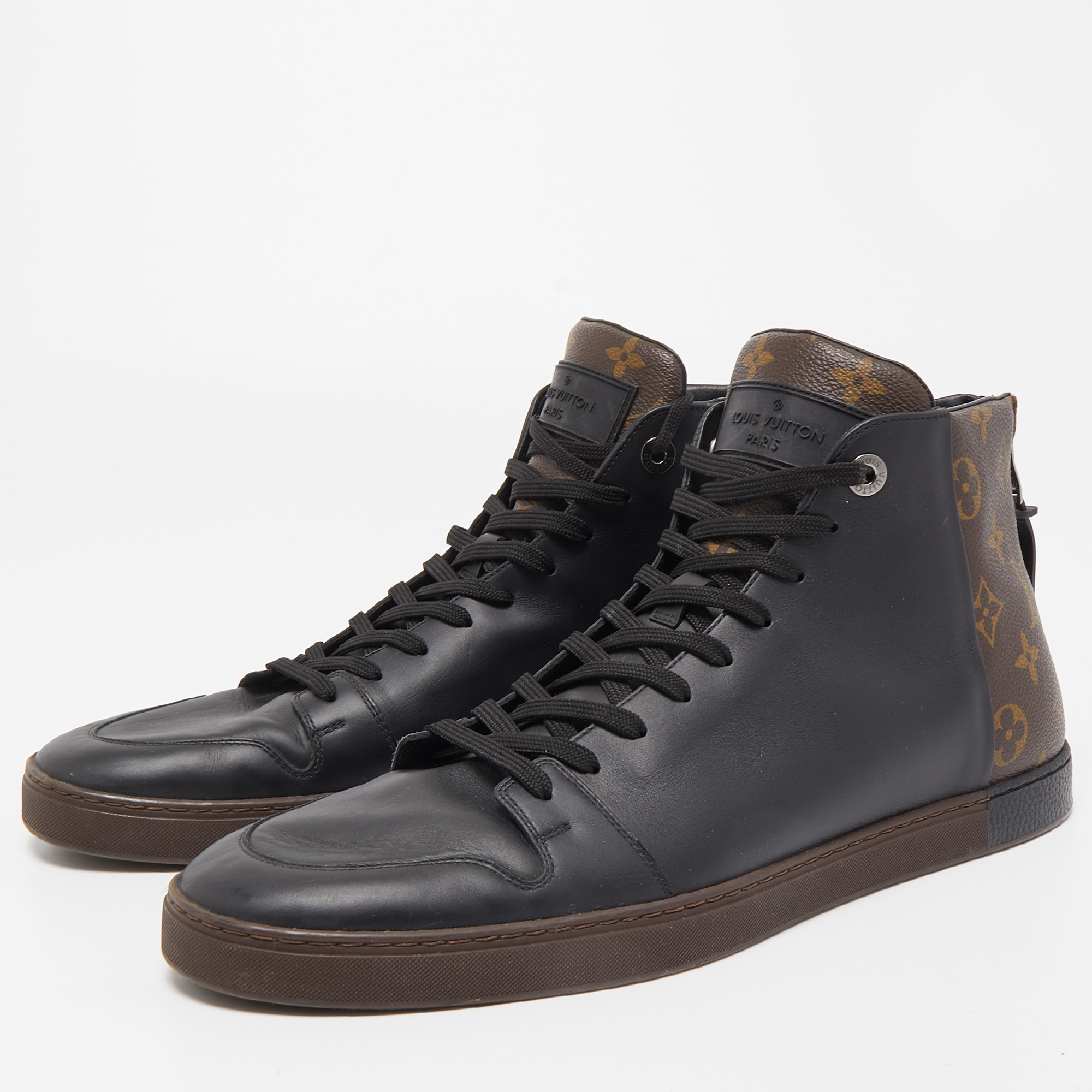 

Louis Vuitton Black/Brown Leather and Monogram Canvas Line Up High Top Sneakers Size