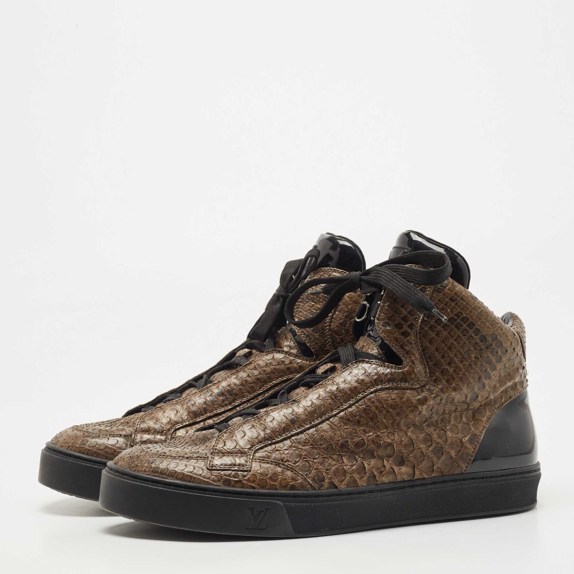 

Louis Vuitton Brown/Black Python and Patent Leather High Top Sneakers Size