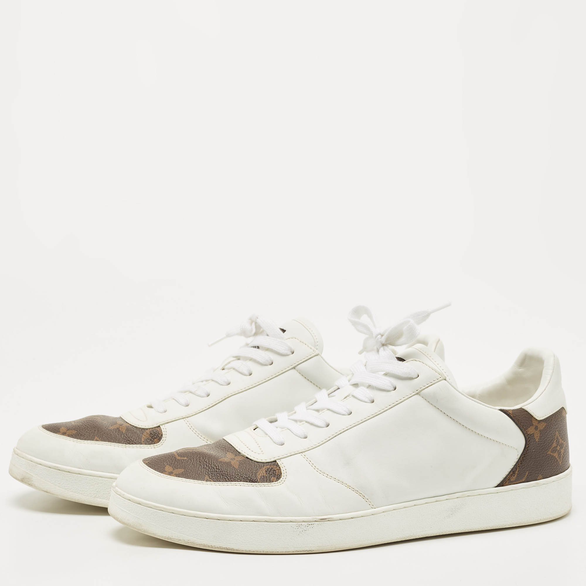 

Louis Vuitton White/Brown Leather and Monogram Canvas Rivoli Sneakers Size