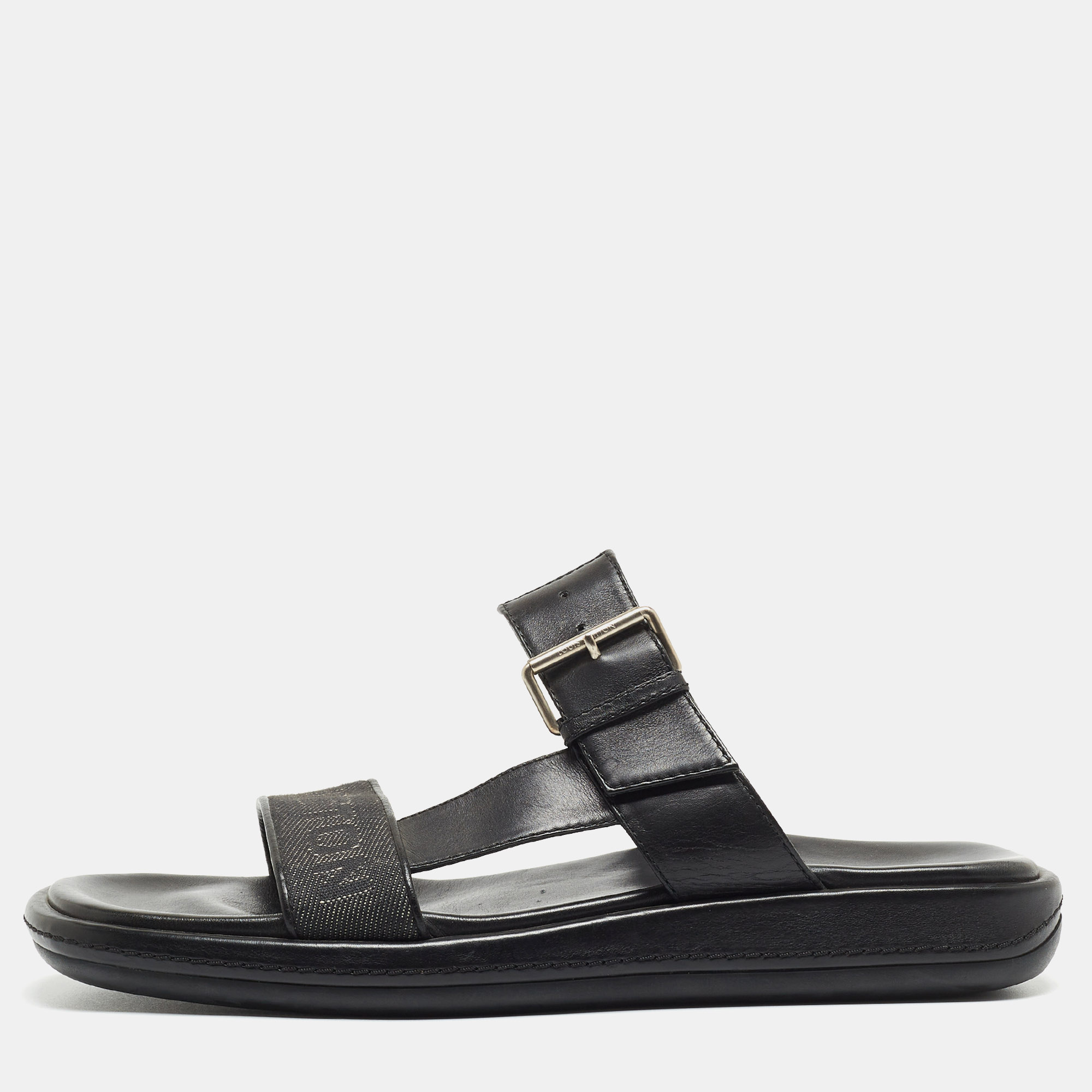 Pre-owned Louis Vuitton Black Leather And Logo Canvas Slide Sandals Size 44.5