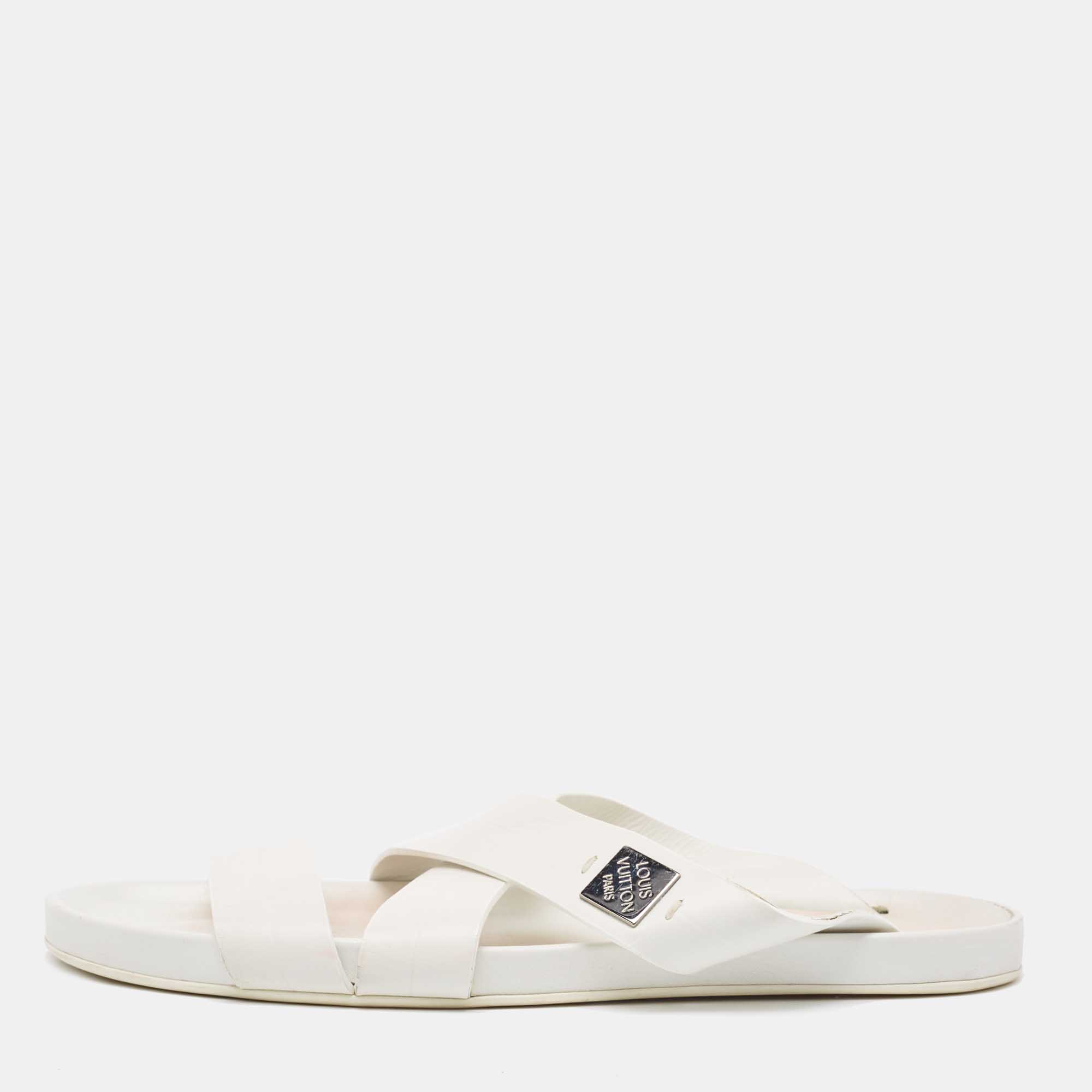 Pre-owned Louis Vuitton White Leather Criss Cross Slides Size 42