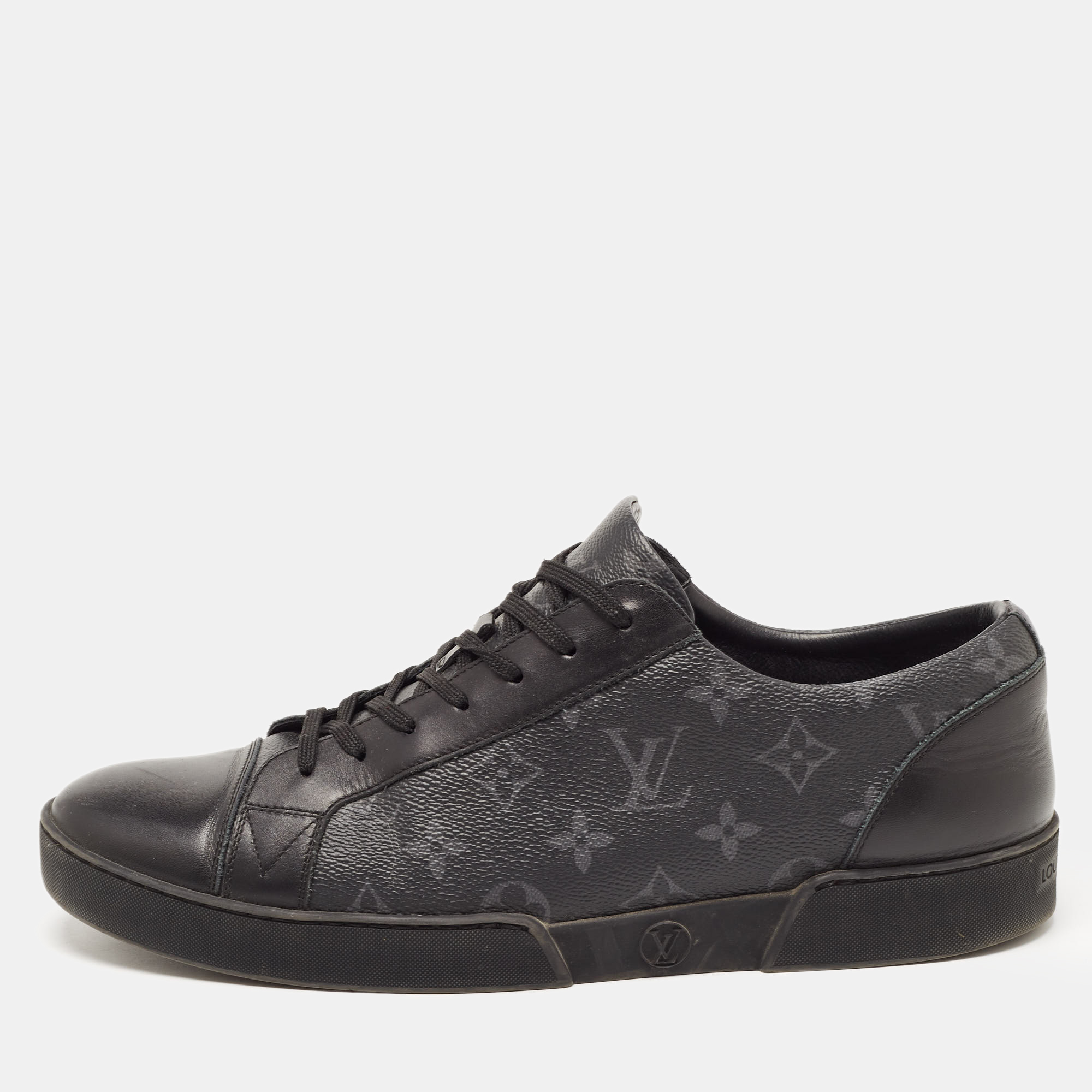 Pre-owned Louis Vuitton Black/grey Leather And Monogram Coated Canvas Match Up Sneakers Size 42.5
