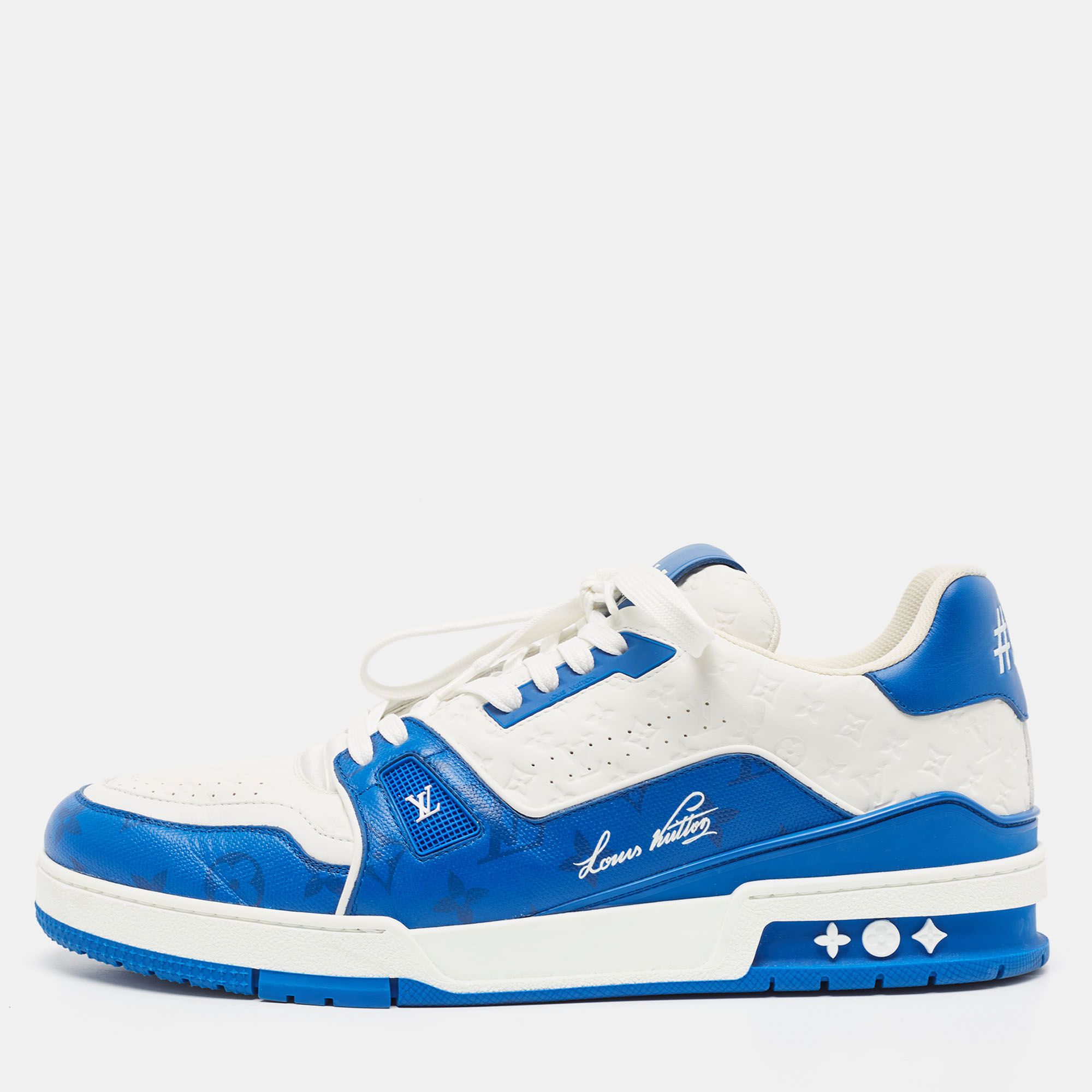 Pre-owned Louis Vuitton Blue/white Leather Lv Trainer Sneakers