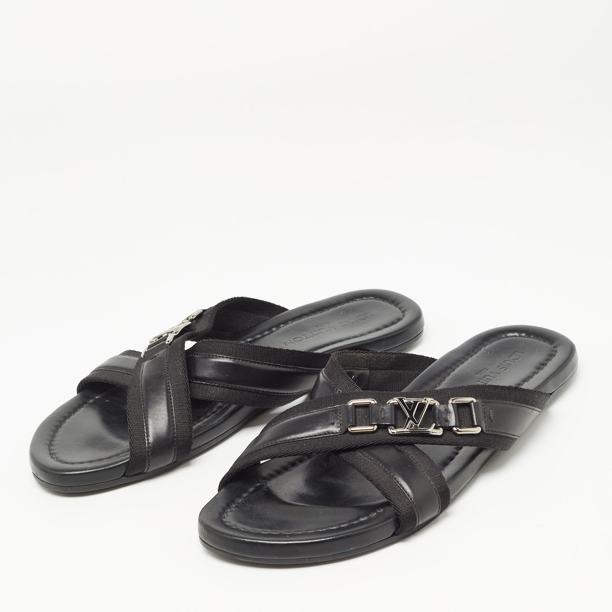 

Louis Vuitton Black Leather and Canvas Criss Cross Slides Size