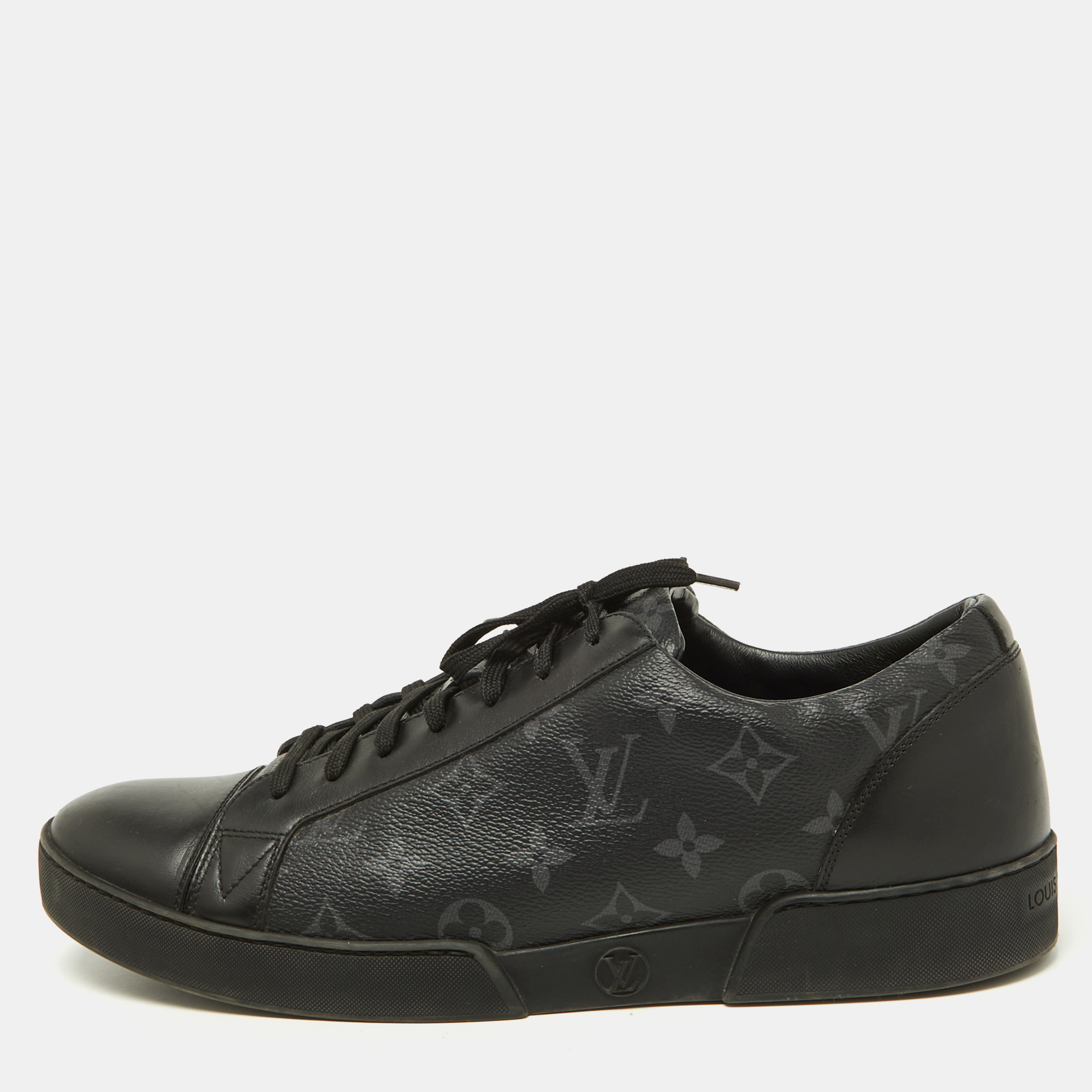 Pre-owned Louis Vuitton Black Leather And Monogram Eclipse Canvas Match Up Sneaker Size 42.5