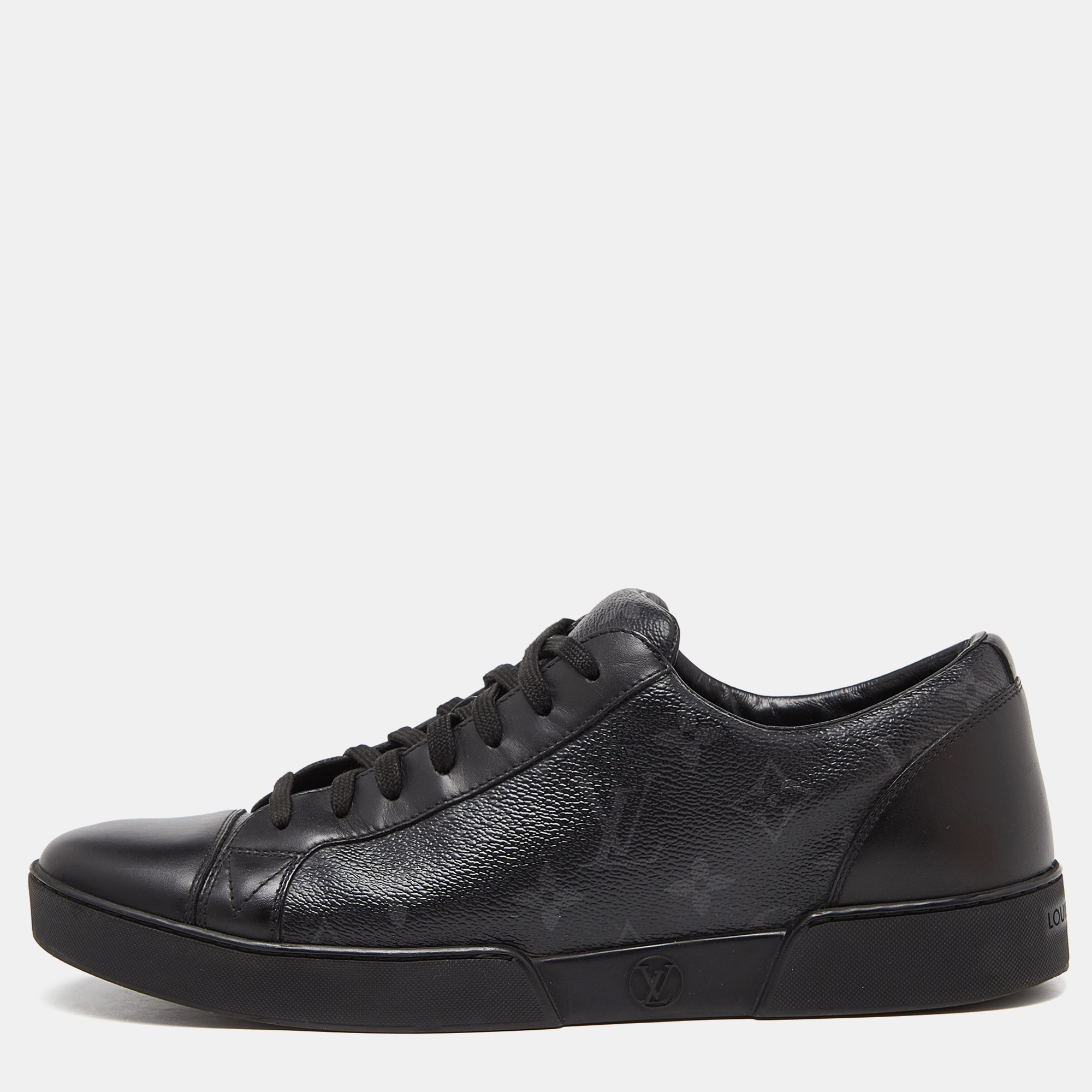 Pre-owned Louis Vuitton Black Leather And Monogram Coated Canvas Match Up Sneakers Size 42