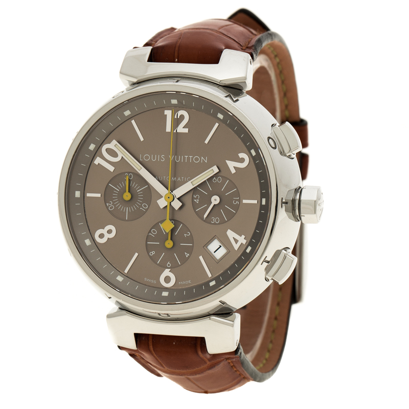 Pre-owned Louis Vuitton Tambour Automatic Brown Dial Men's Watch Q1132, Automatic Movement, Rubber Strap, 39 mm Case in Black / Brown