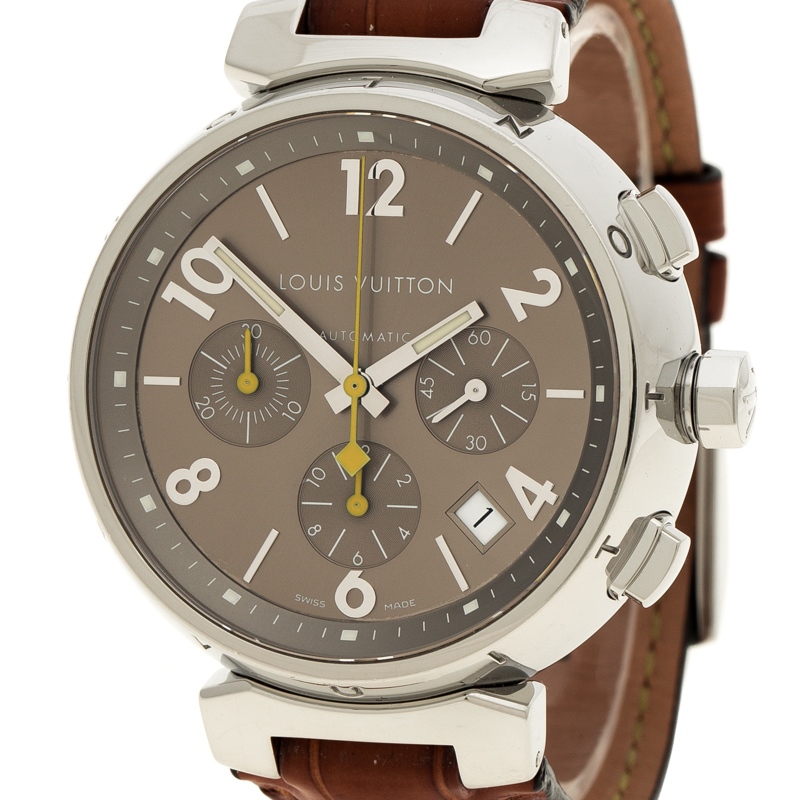Pre-owned Louis Vuitton Tambour Automatic Brown Dial Men's Watch Q1132, Automatic Movement, Rubber Strap, 39 mm Case in Black / Brown