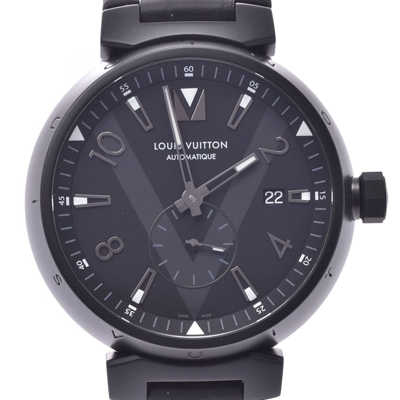 

Louis Vuitton Black Stainless Steel and Leather Tambour Q1D22 Men's Wristwatch